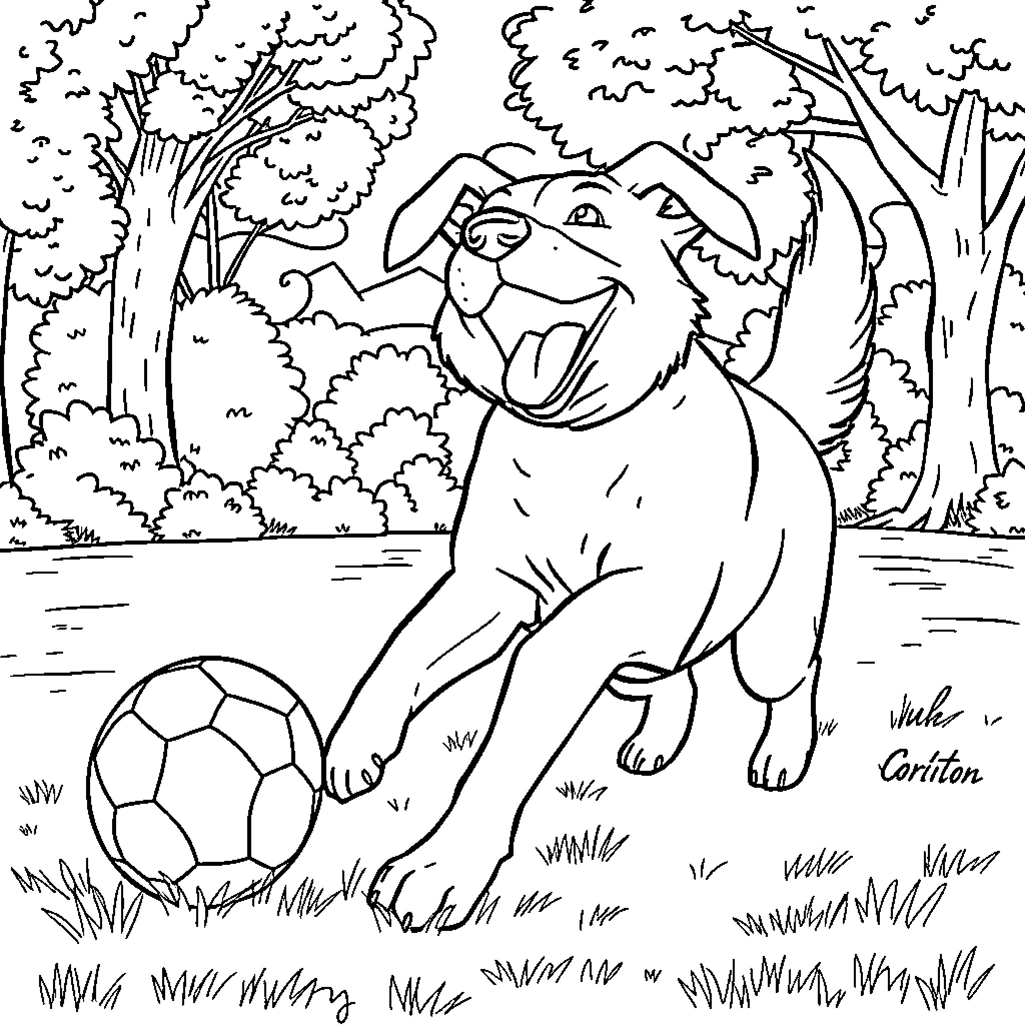 Dog playing with a soccer ball in the forest Coloring Page (free black-and-white line drawing printable PDF for all, from beginners to advanced learners, including children, teens, adults, and seniors)