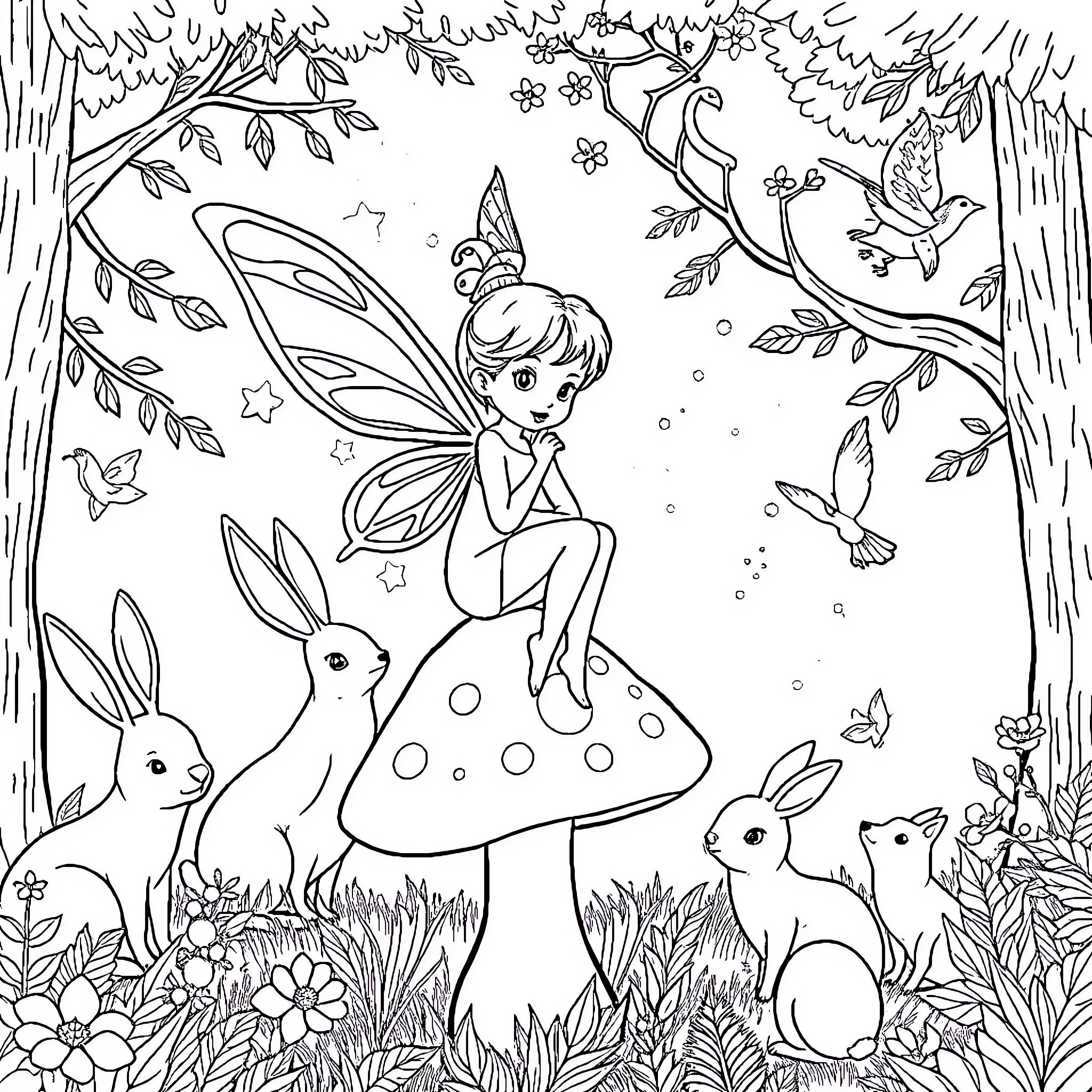 Fairy Sitting on Mushroom with Forest Animals Coloring Page (free black-and-white line drawing printable PDF for all, from beginners to advanced learners, including children, teens, adults, and seniors)