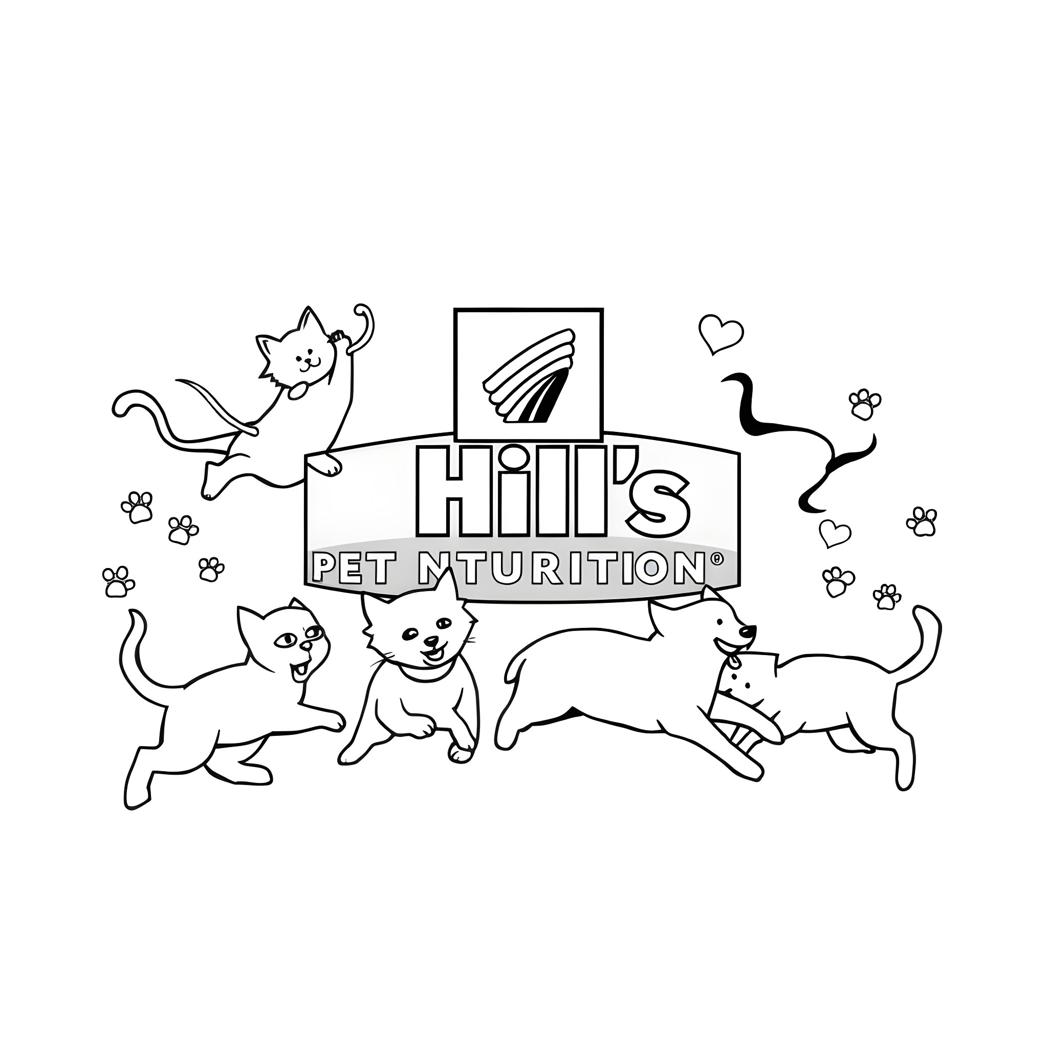 Pet Nutrition: Playful Felines with Vibrant Accessories Coloring Page (free black-and-white line drawing printable PDF for all, from beginners to advanced learners, including children, teens, adults, and seniors)