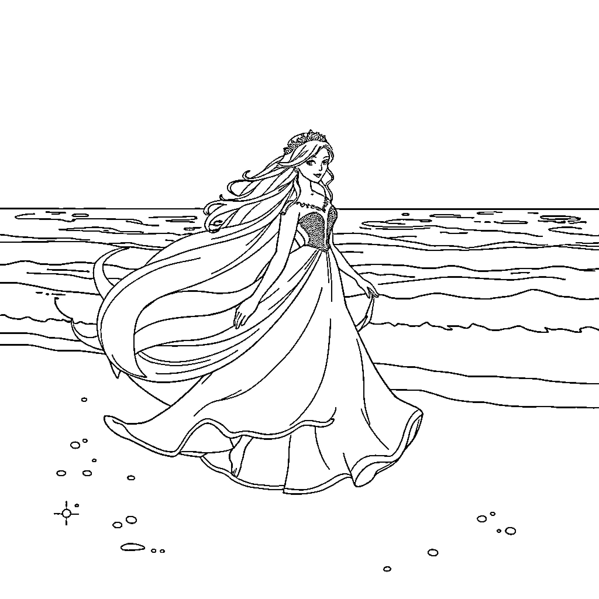 Snow Queen walking gracefully by the shore Coloring Page (free black-and-white line drawing printable PDF for all, from beginners to advanced learners, including children, teens, adults, and seniors)