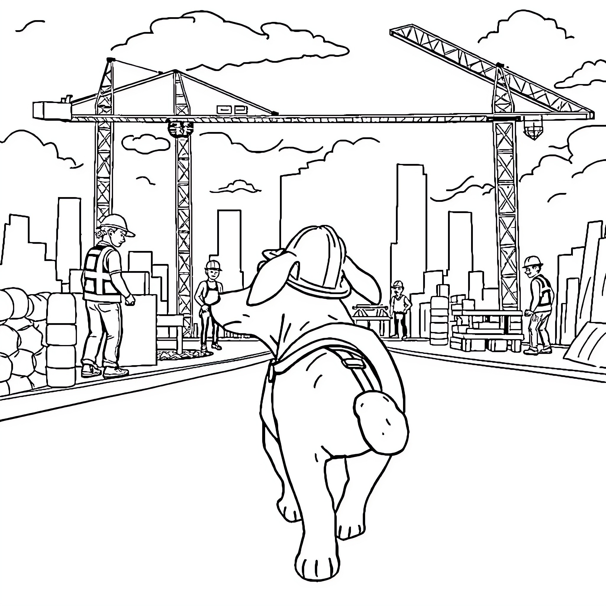 Dog on construction site with workers and cranes Coloring Page (free black-and-white line drawing printable PDF for all, from beginners to advanced learners, including children, teens, adults, and seniors)