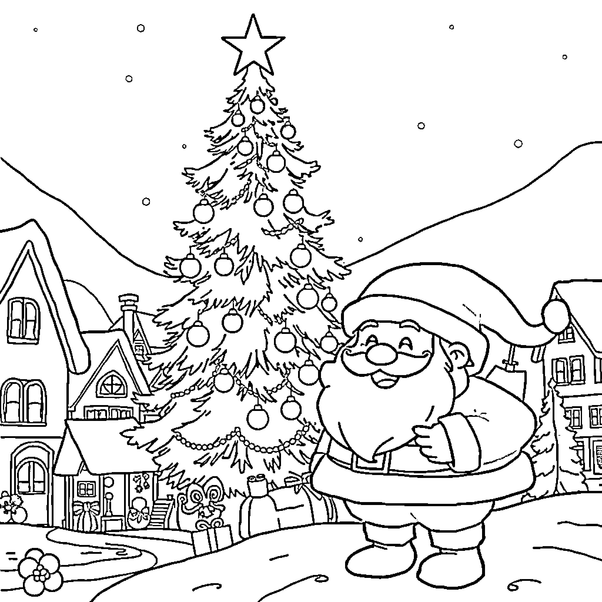 Christmas scene with Santa and decorated tree Coloring Page (free black-and-white line drawing printable PDF for all, from beginners to advanced learners, including children, teens, adults, and seniors)