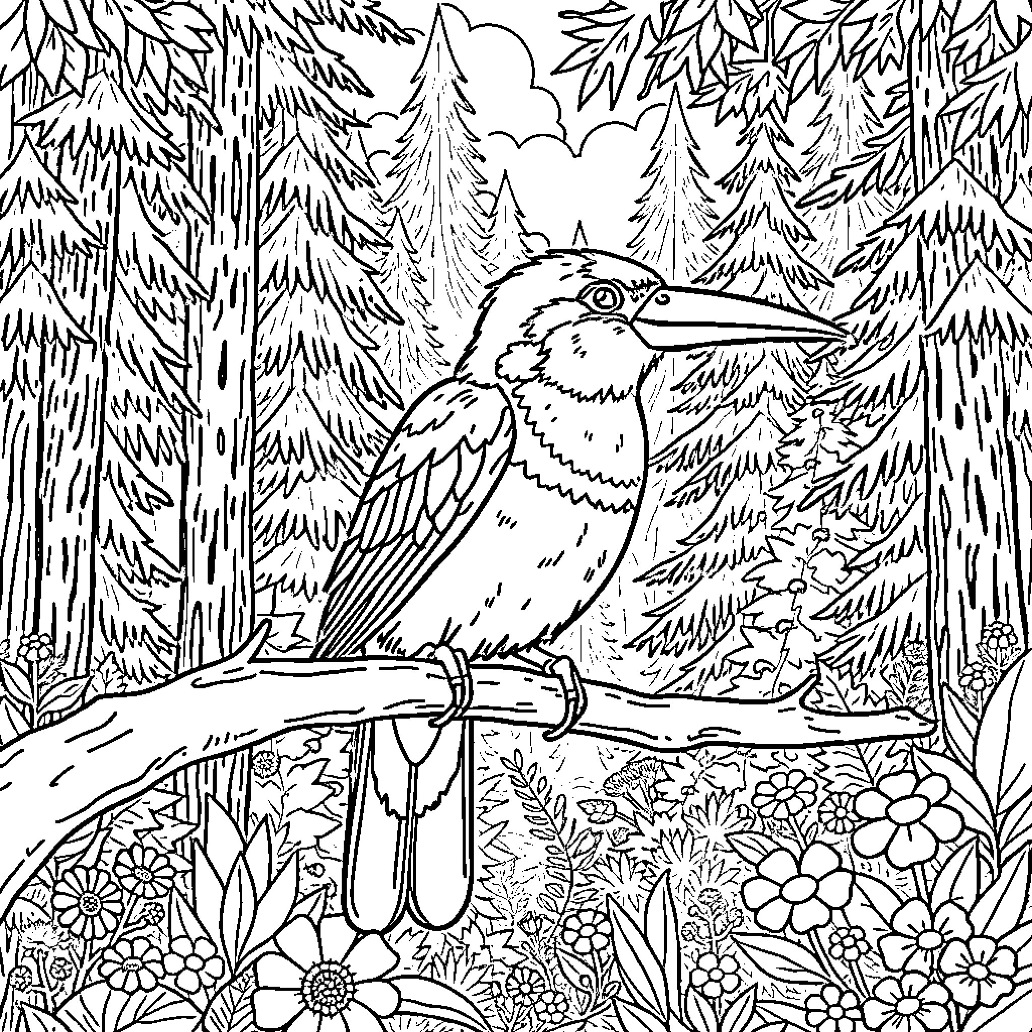 Bird perched among flowers and trees in forest Coloring Page (free black-and-white line drawing printable PDF for all, from beginners to advanced learners, including children, teens, adults, and seniors)