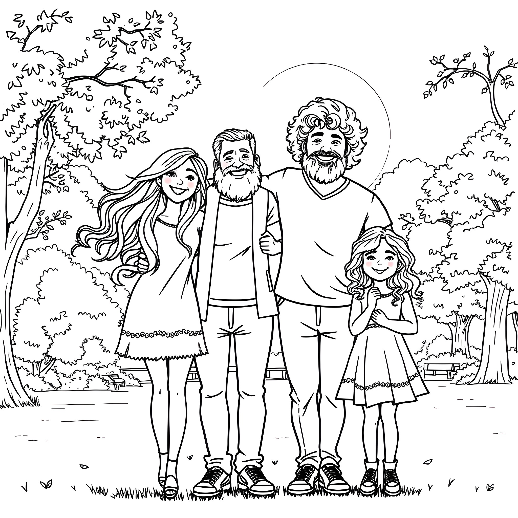 Family enjoying a scenic outdoor adventure Coloring Page (free black-and-white line drawing printable PDF for all, from beginners to advanced learners, including children, teens, adults, and seniors)
