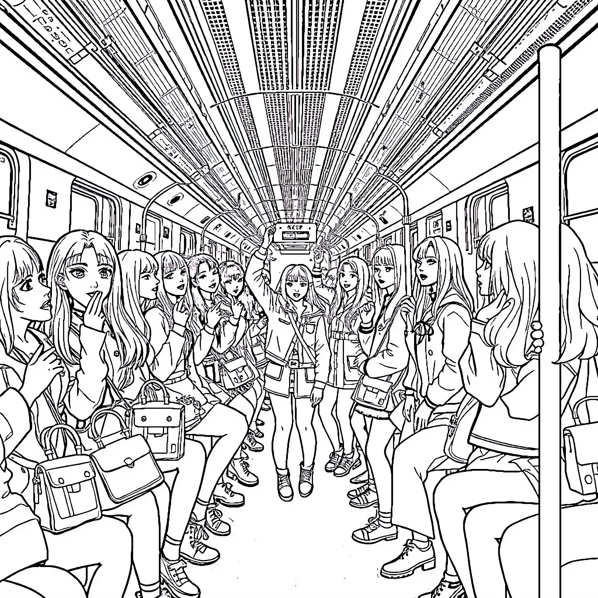 K Pop Group Posing in Crowded Subway Train Coloring Page (free black-and-white line drawing printable PDF for all, from beginners to advanced learners, including children, teens, adults, and seniors)