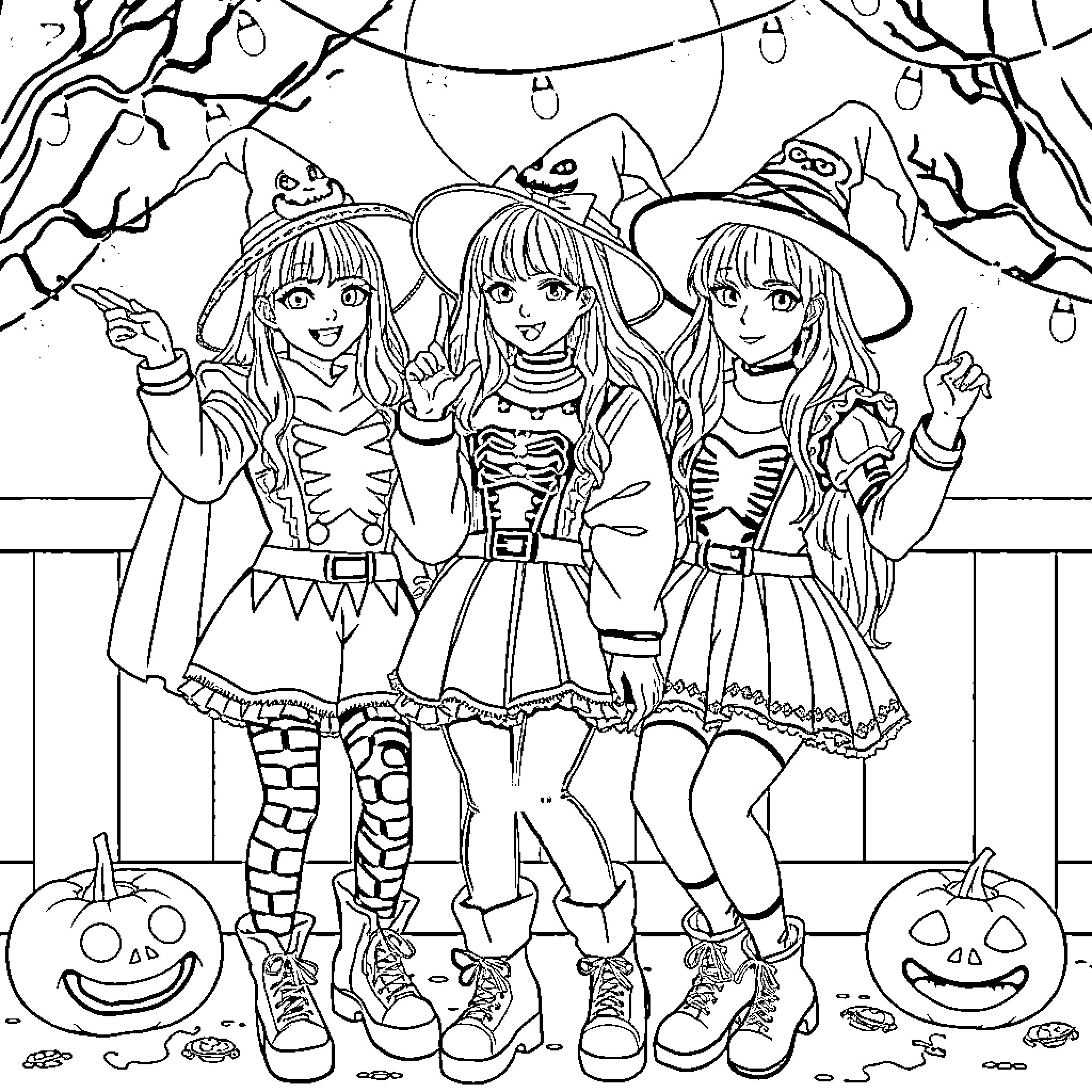 K Pop Halloween Costumes and Decorations Coloring Page (free black-and-white line drawing printable PDF for all, from beginners to advanced learners, including children, teens, adults, and seniors)