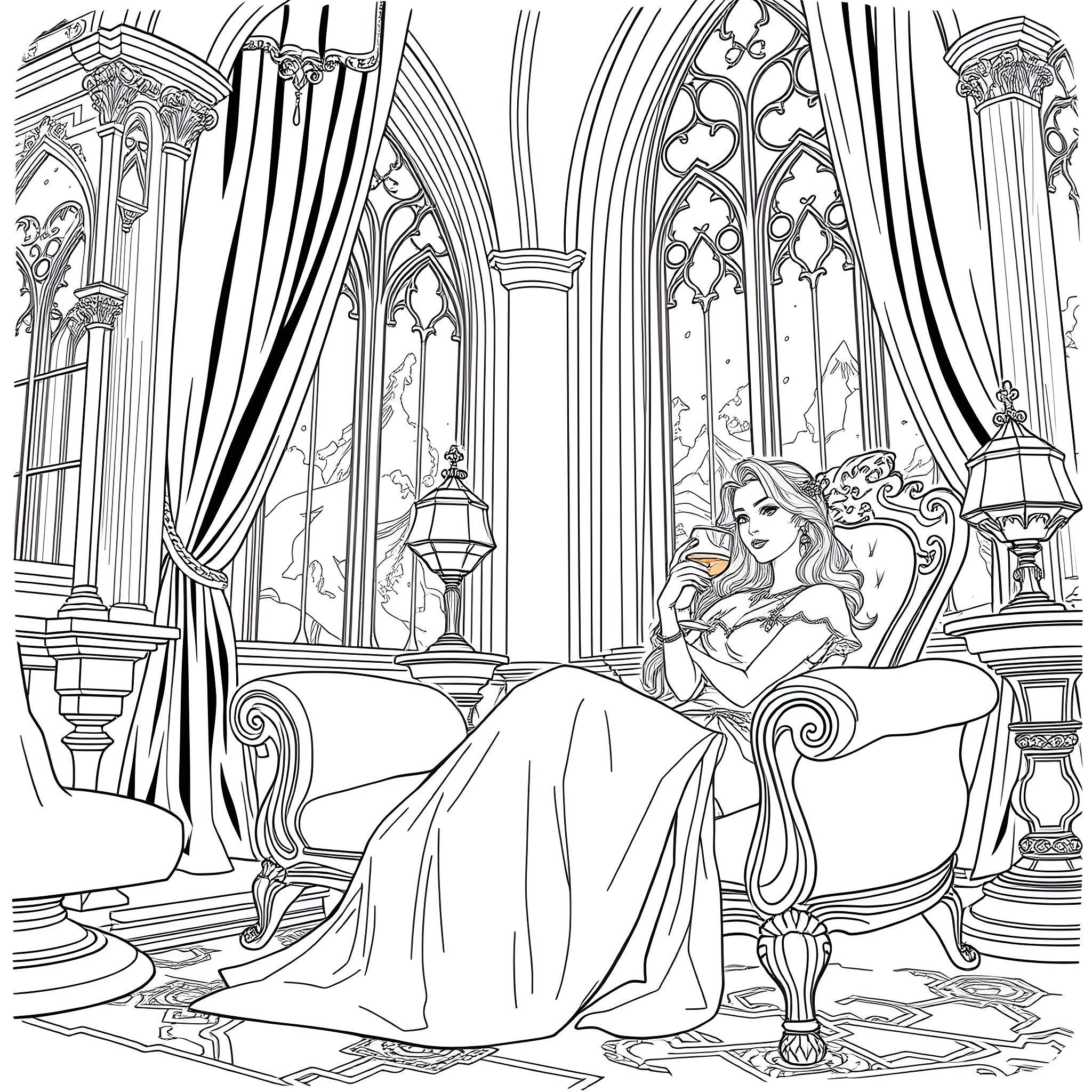 Alcina Dimitrescu resting elegantly in a grand castle chamber Coloring Page (free black-and-white line drawing printable PDF for all, from beginners to advanced learners, including children, teens, adults, and seniors)