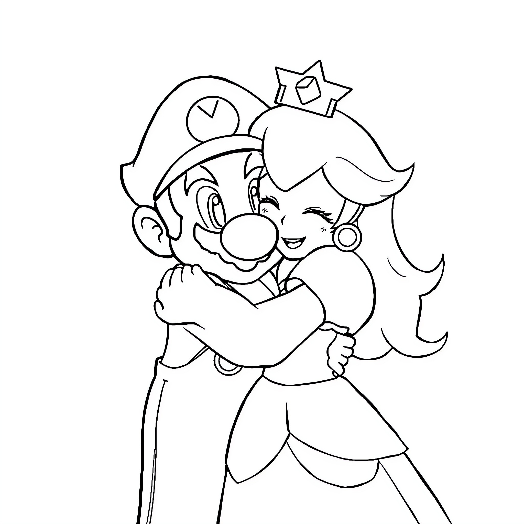 Mario and Princess Embracing Happily Coloring Page (free black-and-white line drawing printable PDF for all, from beginners to advanced learners, including children, teens, adults, and seniors)