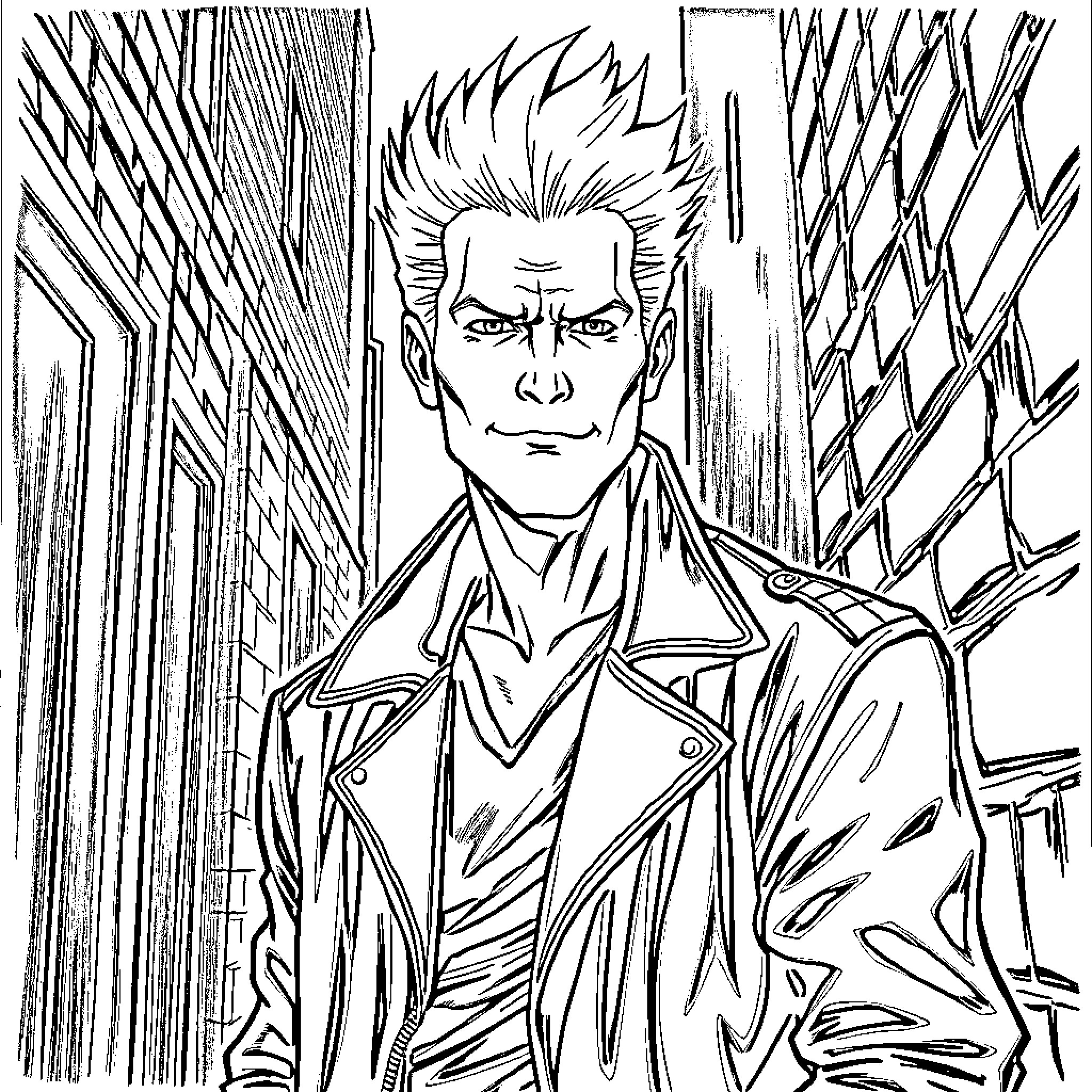 Spike's Intense Gaze in Dramatic City Backdrop Coloring Page (free black-and-white line drawing printable PDF for all, from beginners to advanced learners, including children, teens, adults, and seniors)
