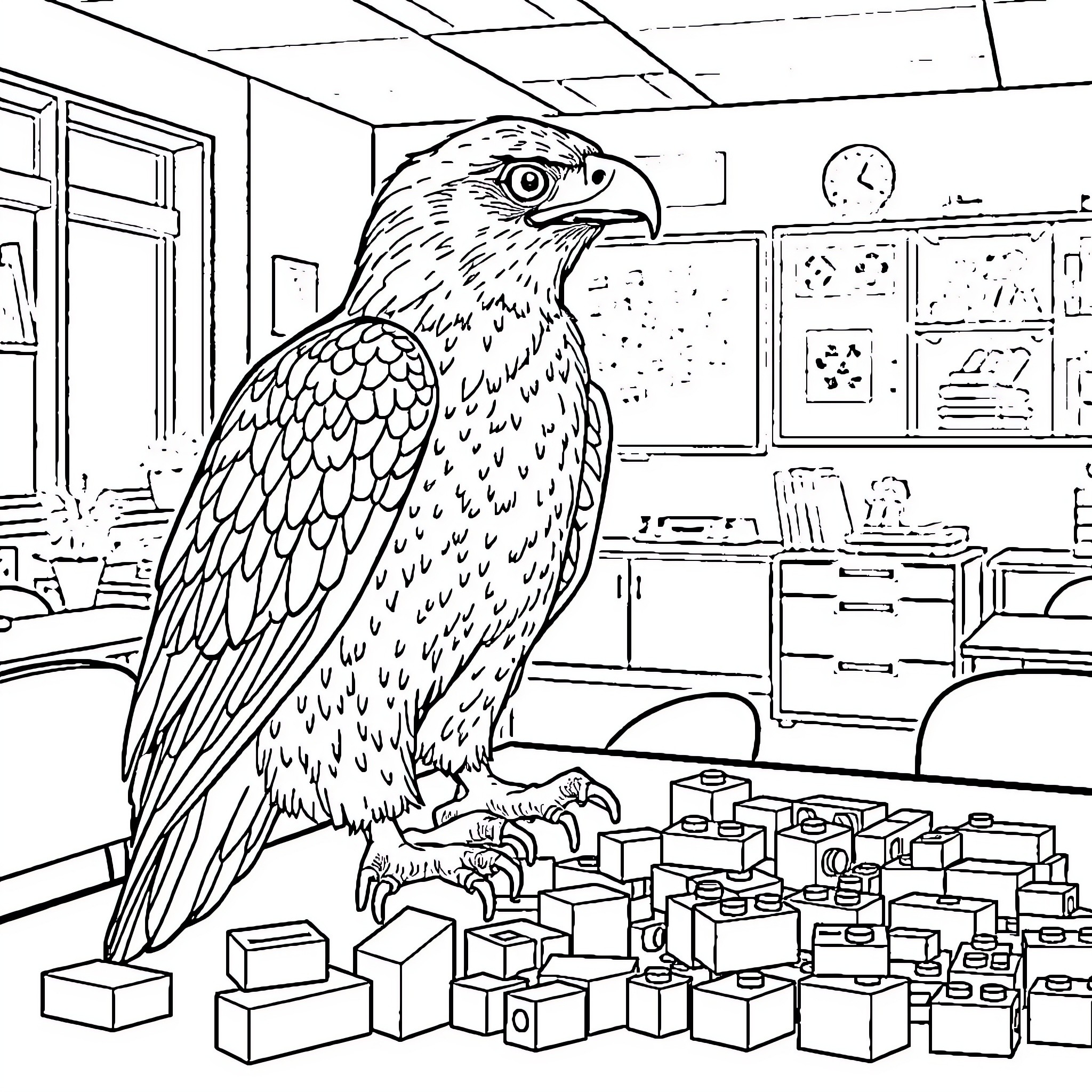 Hawk perched in a classroom Coloring Page (free black-and-white line drawing printable PDF for all, from beginners to advanced learners, including children, teens, adults, and seniors)