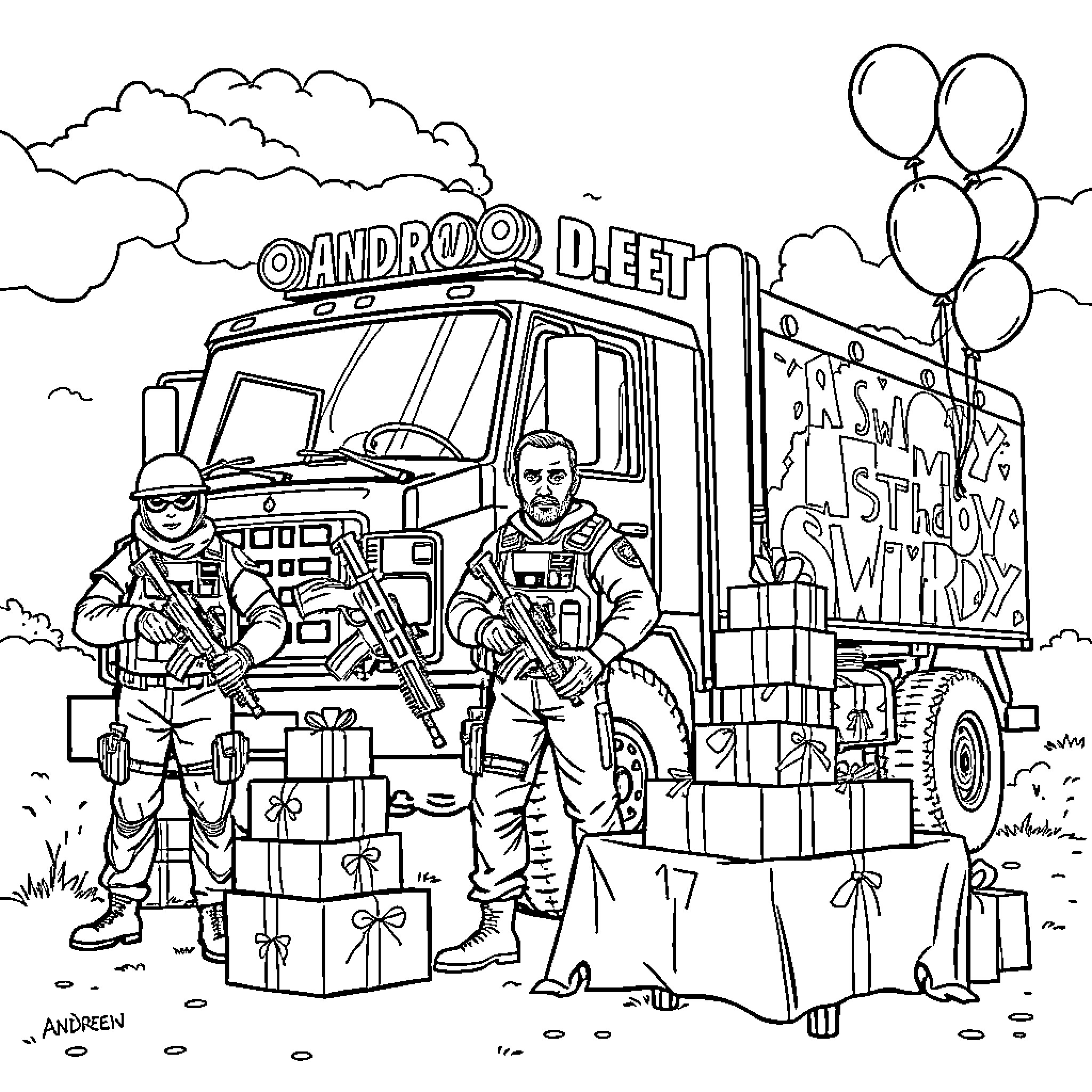 Swat team securing armored vehicle and supplies Coloring Page (free black-and-white line drawing printable PDF for all, from beginners to advanced learners, including children, teens, adults, and seniors)