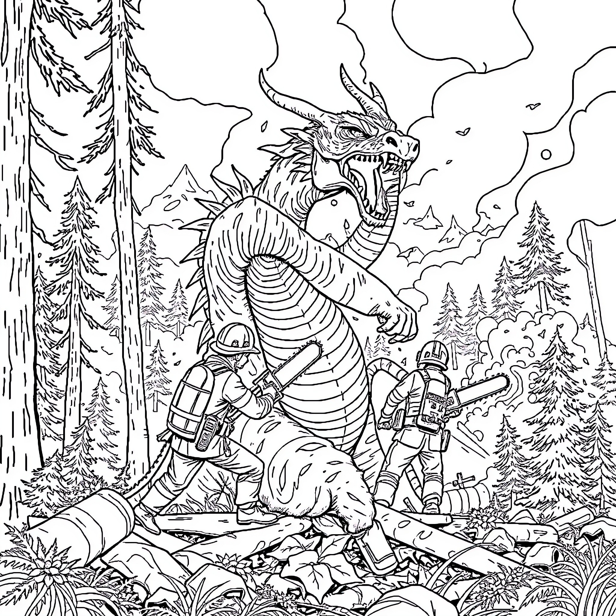 Firefighter battles legendary dragon in magical forest Coloring Page (free black-and-white line drawing printable PDF for all, from beginners to advanced learners, including children, teens, adults, and seniors)