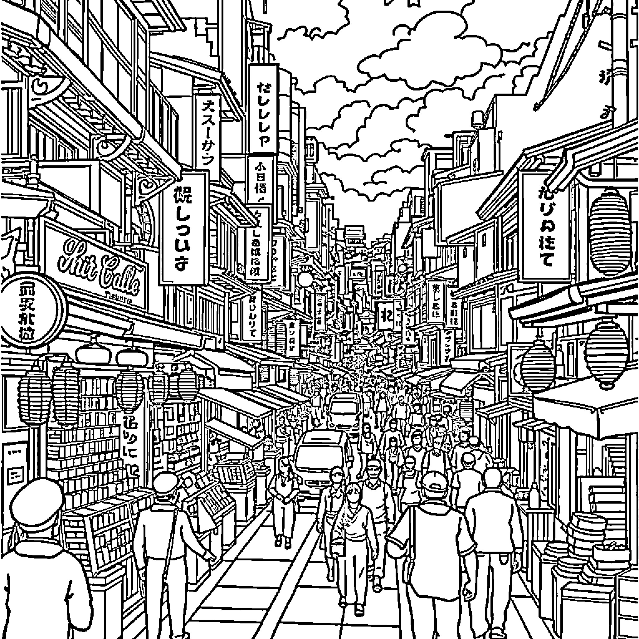 City bustling with lively activity and diverse scenery Coloring Page (free black-and-white line drawing printable PDF for all, from beginners to advanced learners, including children, teens, adults, and seniors)
