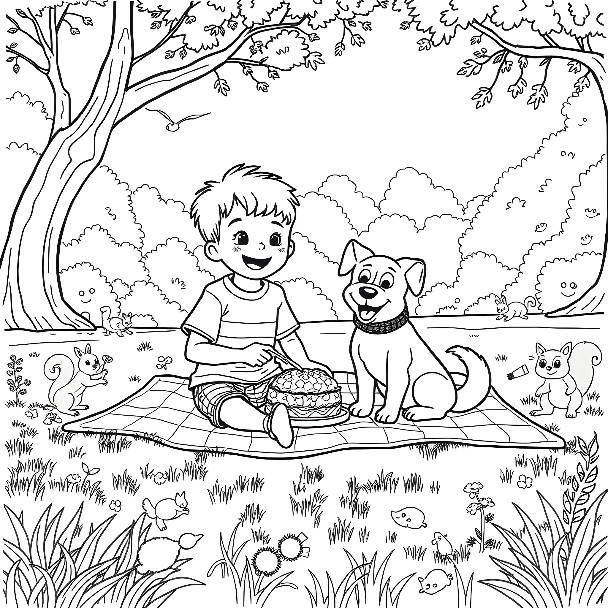 Boy Enjoying Picnic with His Dog in the Park Coloring Page (free black-and-white line drawing printable PDF for all, from beginners to advanced learners, including children, teens, adults, and seniors)