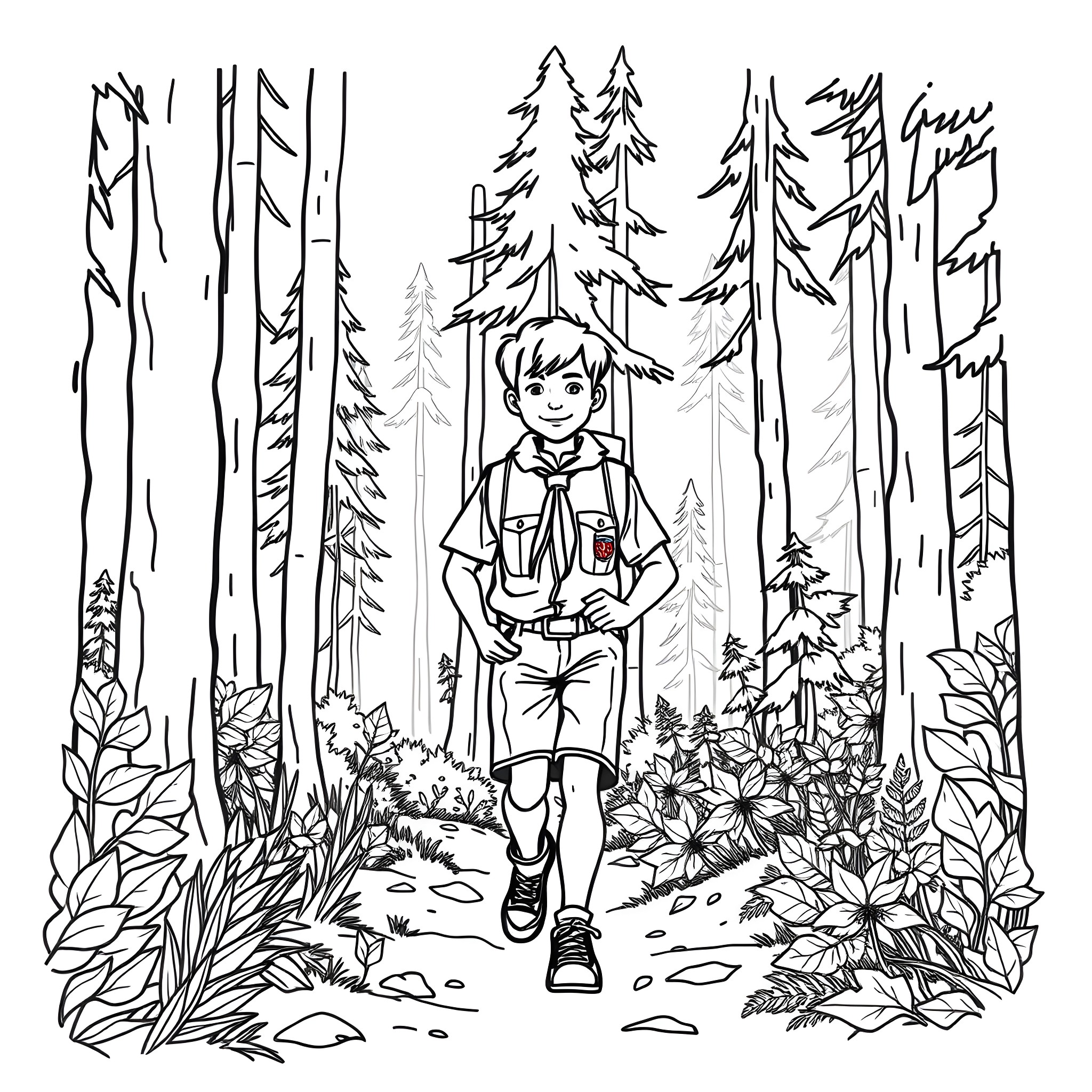 Boy Scout exploring the forest wilderness Coloring Page (free black-and-white line drawing printable PDF for all, from beginners to advanced learners, including children, teens, adults, and seniors)