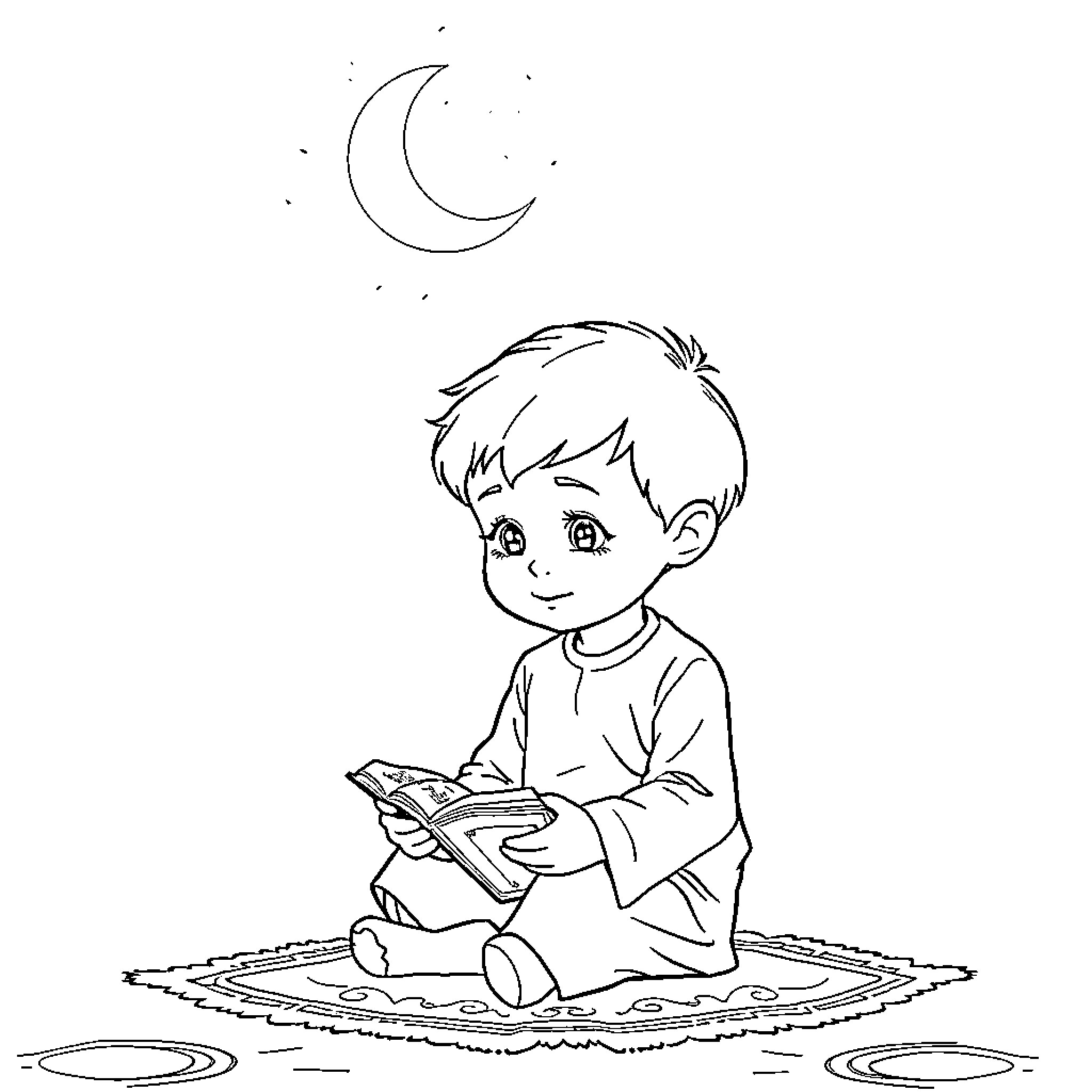 Child reading book under the moonlight Coloring Page (free black-and-white line drawing printable PDF for all, from beginners to advanced learners, including children, teens, adults, and seniors)