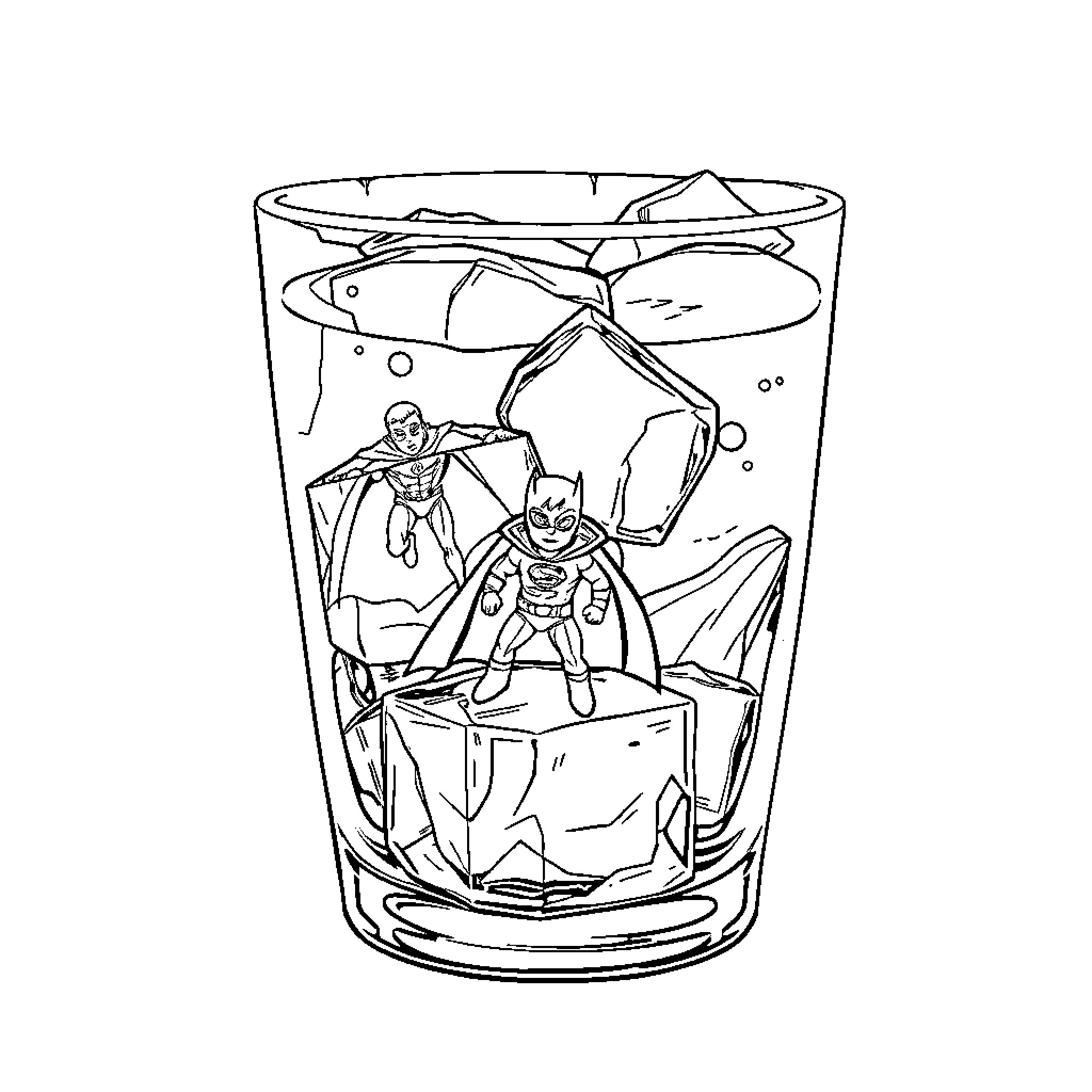 Superheroes trapped in a glass Coloring Page (free black-and-white line drawing printable PDF for all, from beginners to advanced learners, including children, teens, adults, and seniors)