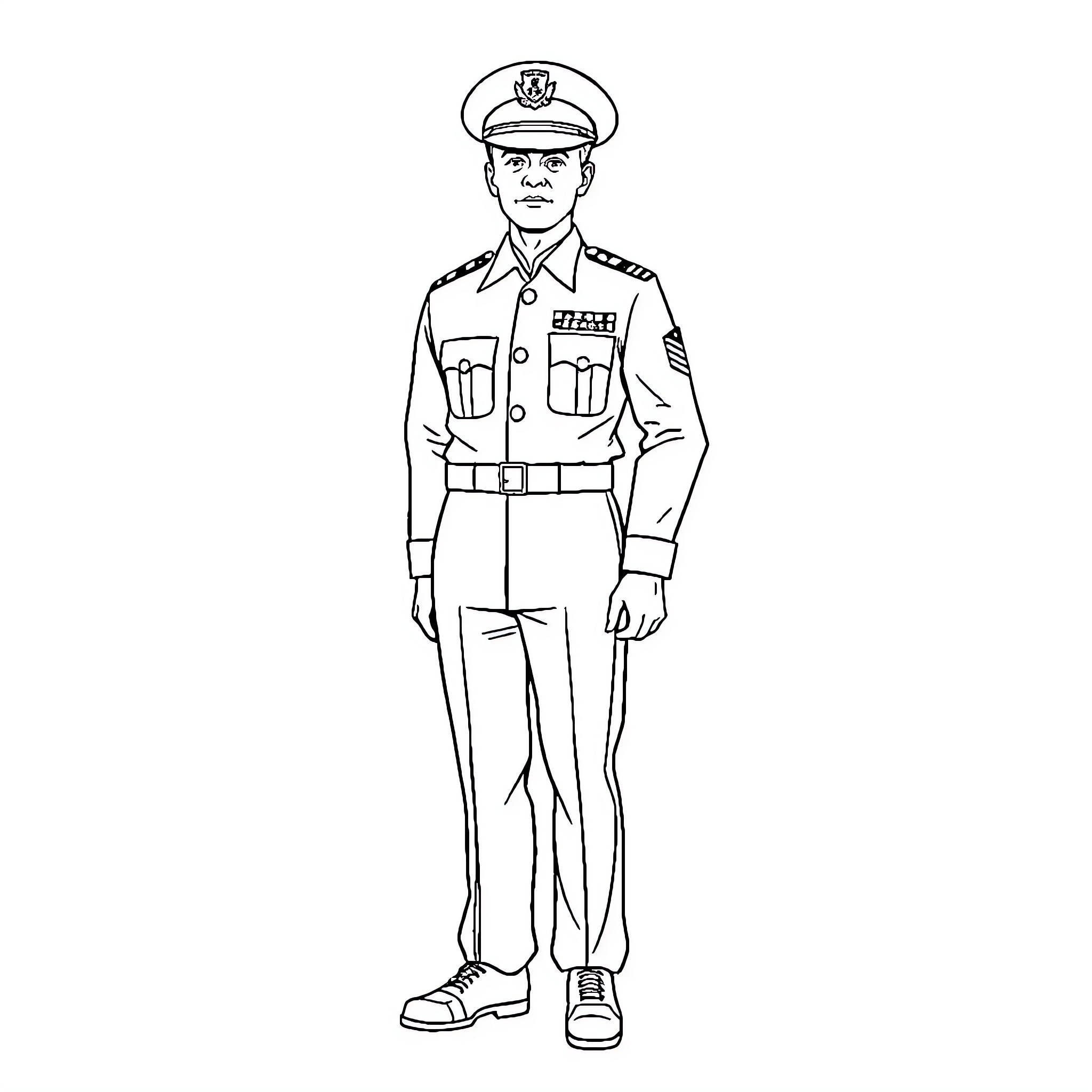 Air Force Man in Uniform Standing at Attention Coloring Page (free black-and-white line drawing printable PDF for all, from beginners to advanced learners, including children, teens, adults, and seniors)