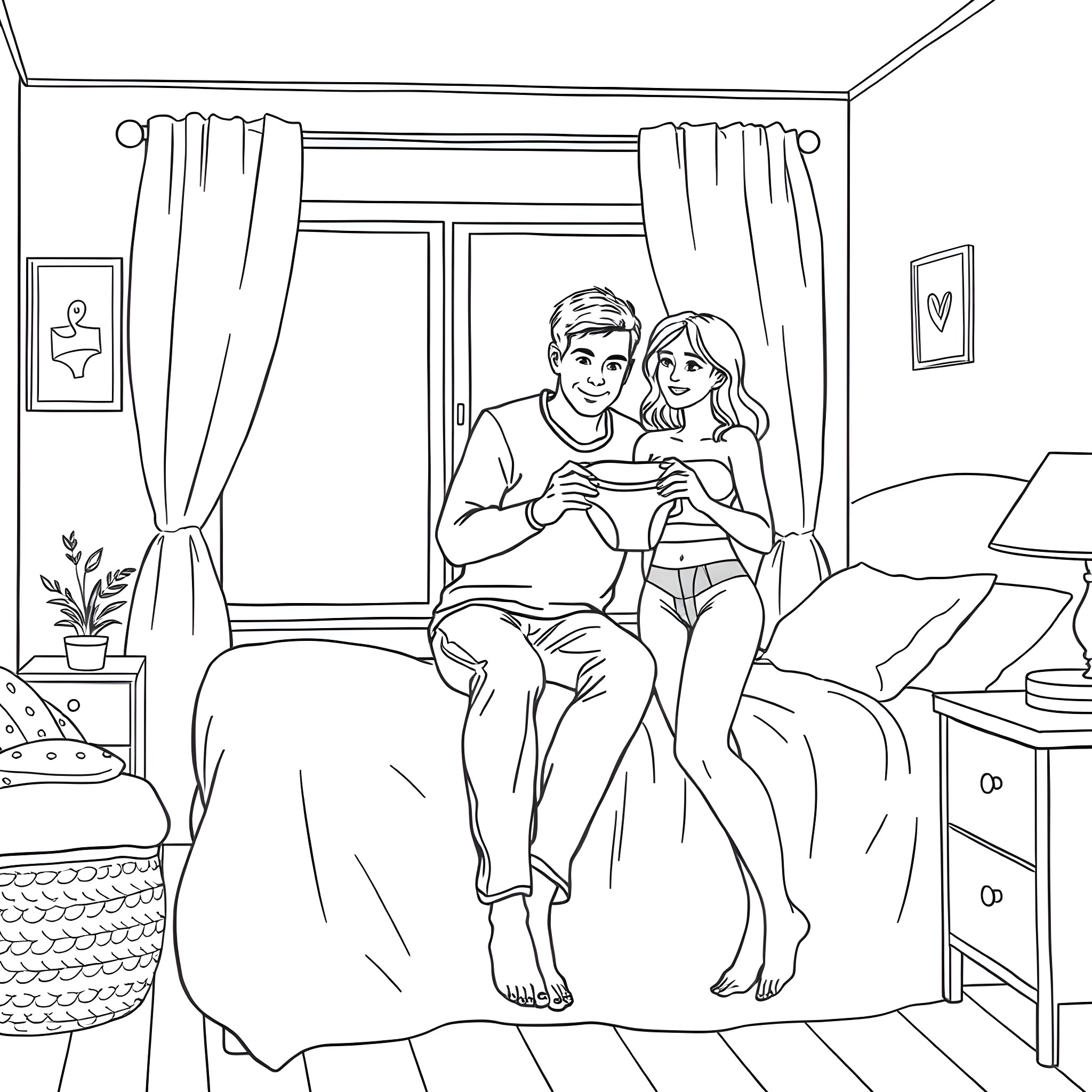 Diaper Change in Cozy Bedroom Coloring Page (free black-and-white line drawing printable PDF for all, from beginners to advanced learners, including children, teens, adults, and seniors)