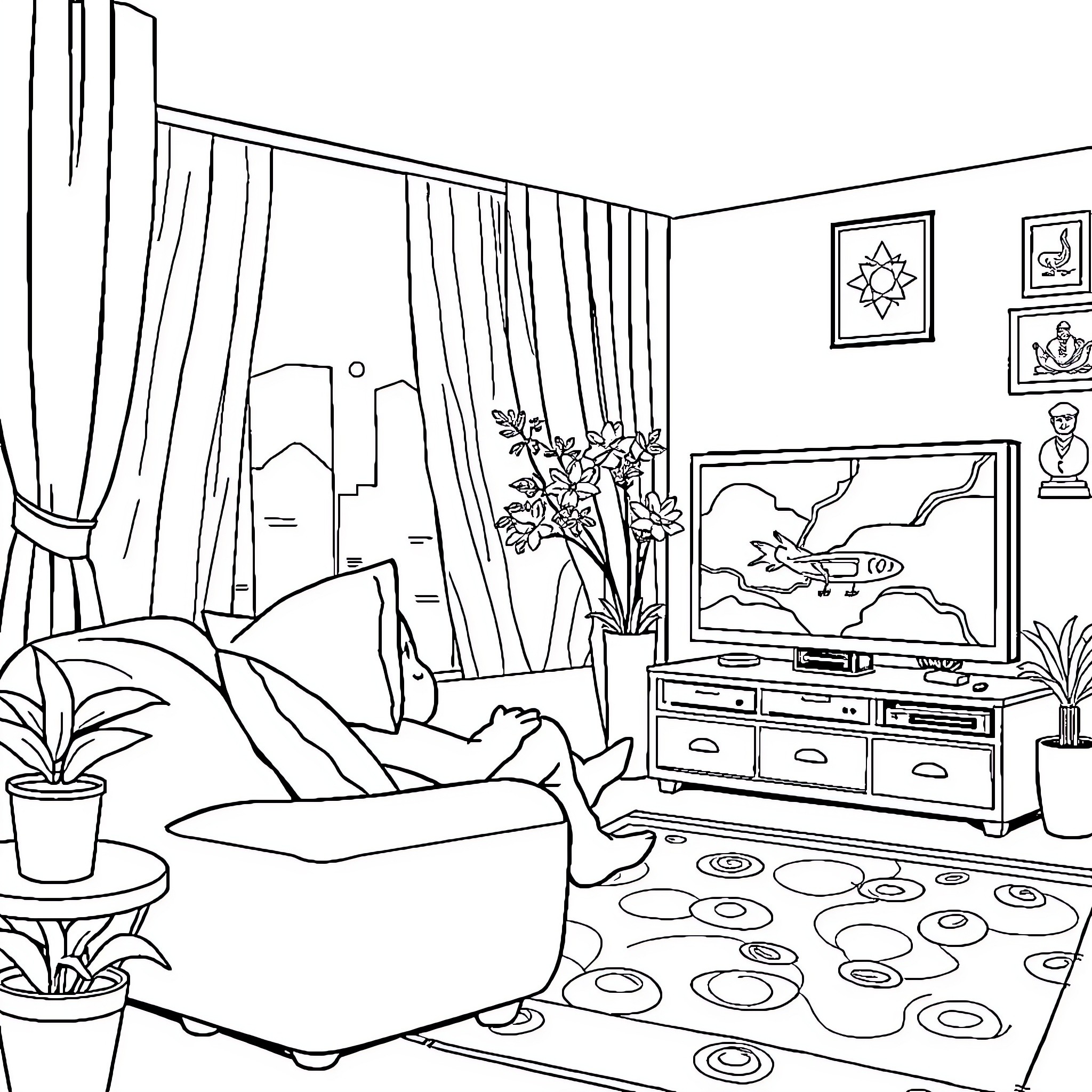 Pemuda Enjoying a Cozy Indoor Retreat Coloring Page (free black-and-white line drawing printable PDF for all, from beginners to advanced learners, including children, teens, adults, and seniors)