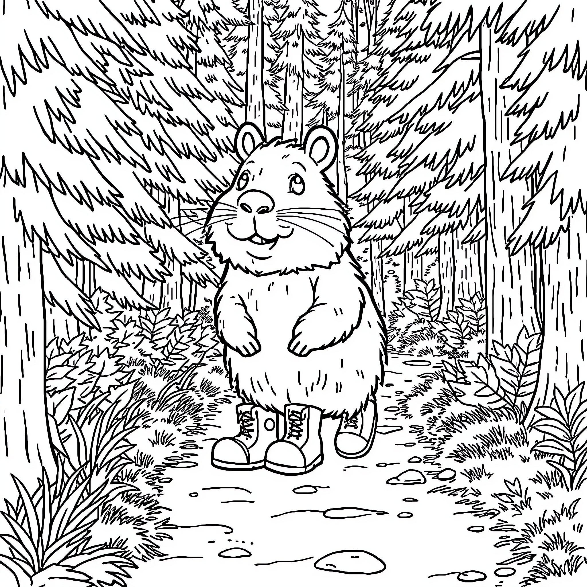 Capybara exploring the forest trail Coloring Page (free black-and-white line drawing printable PDF for all, from beginners to advanced learners, including children, teens, adults, and seniors)