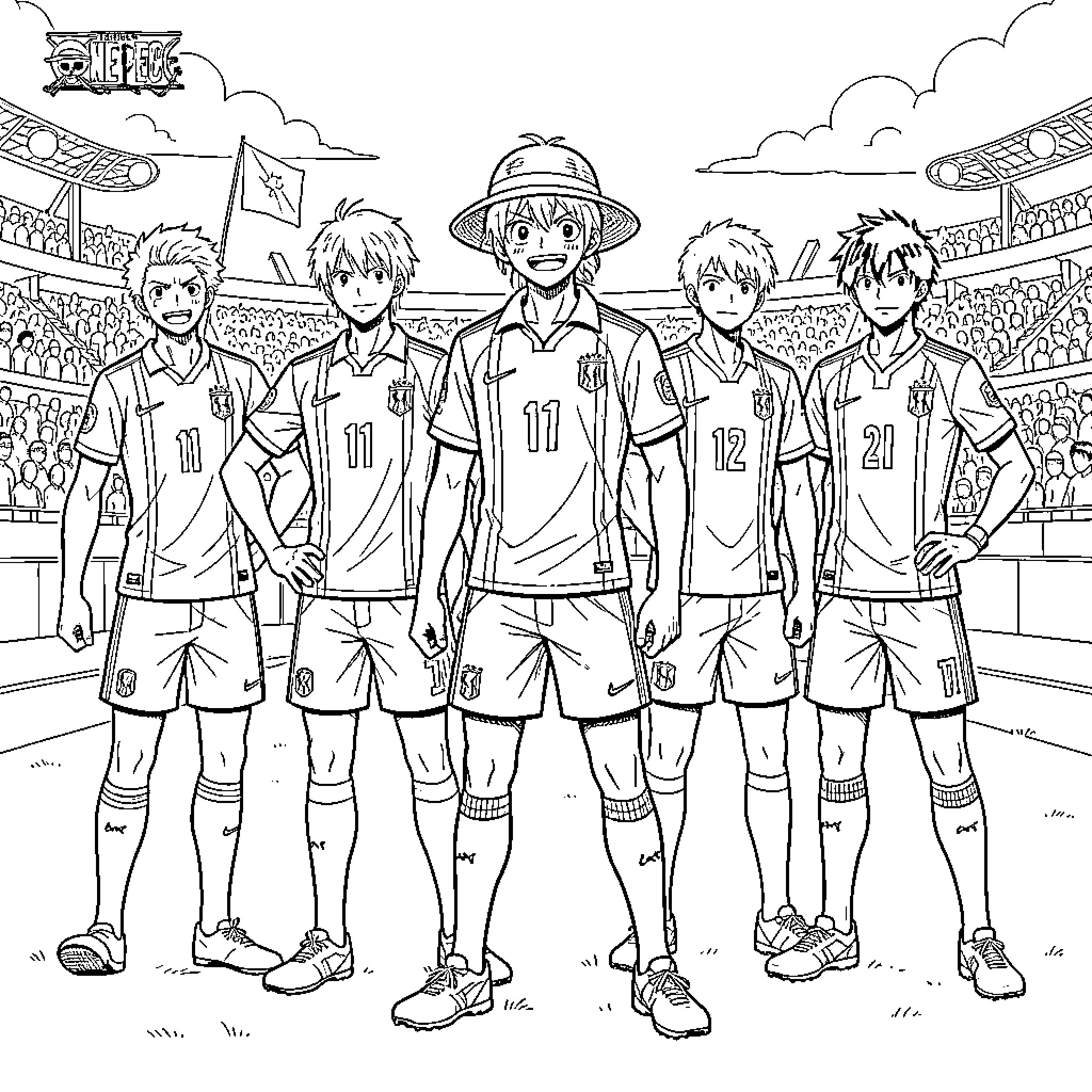 France Team posing confidently on a soccer field Coloring Page (free black-and-white line drawing printable PDF for all, from beginners to advanced learners, including children, teens, adults, and seniors)