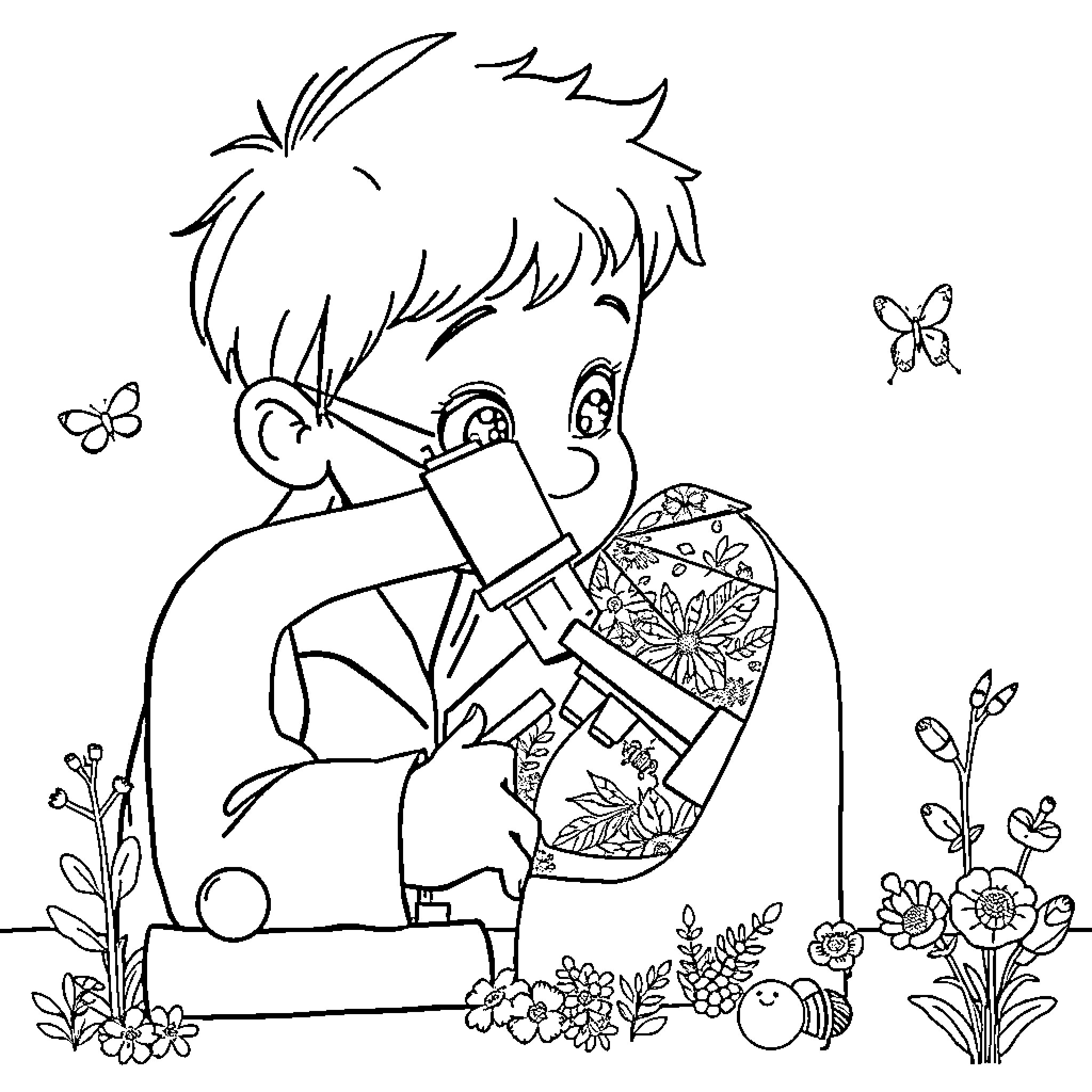 Kid Scientist Exploring Nature's Wonders Coloring Page (free black-and-white line drawing printable PDF for all, from beginners to advanced learners, including children, teens, adults, and seniors)