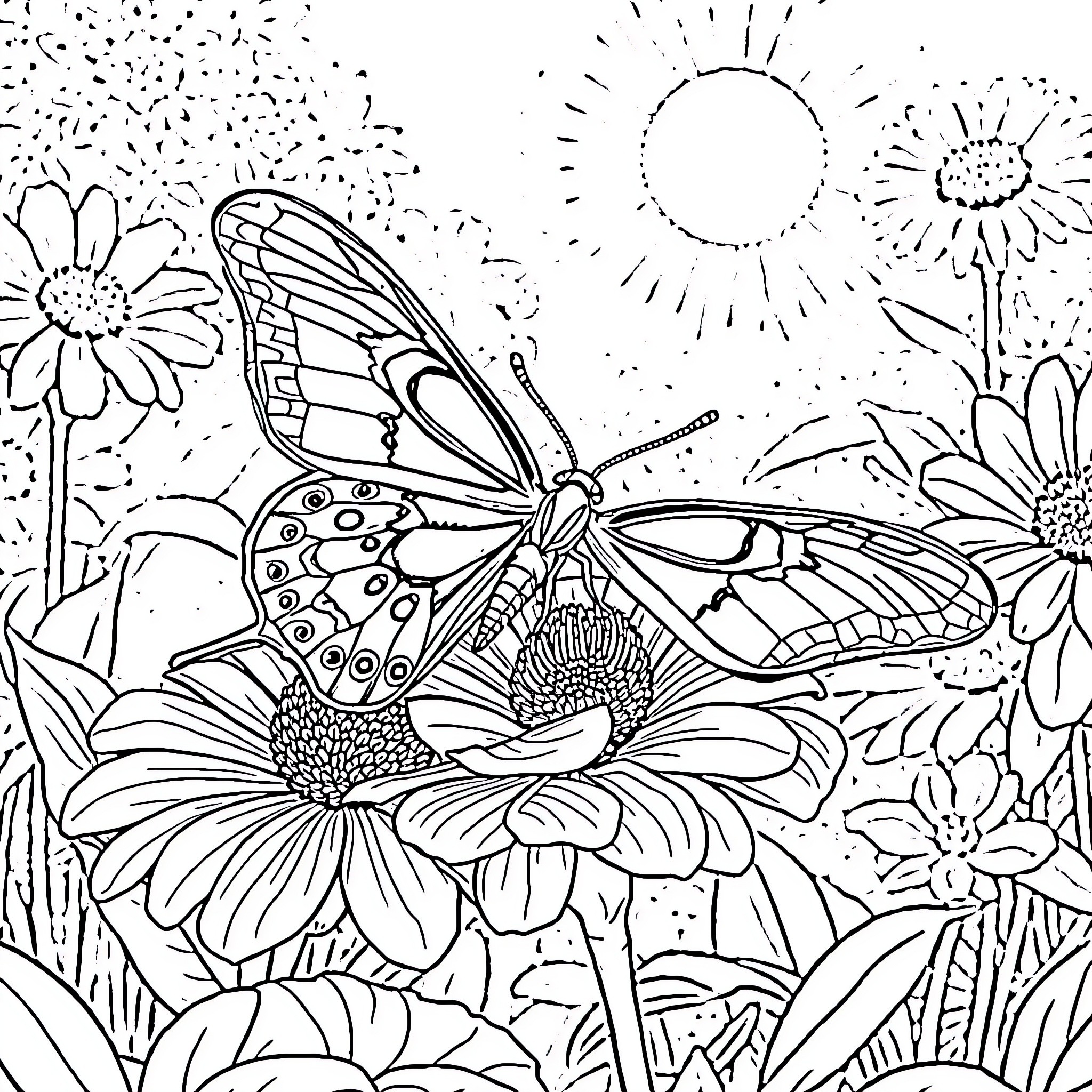Luna Moth amidst a Vibrant Floral Landscape Coloring Page (free black-and-white line drawing printable PDF for all, from beginners to advanced learners, including children, teens, adults, and seniors)