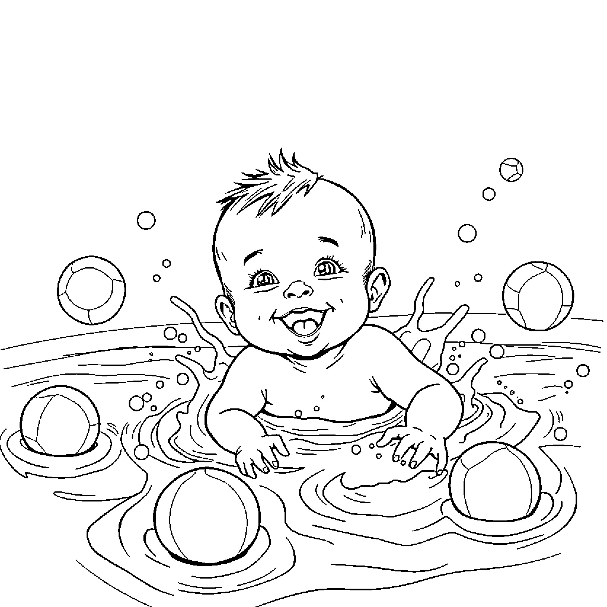 Baby joyfully playing in a pool of bubbles Coloring Page (free black-and-white line drawing printable PDF for all, from beginners to advanced learners, including children, teens, adults, and seniors)