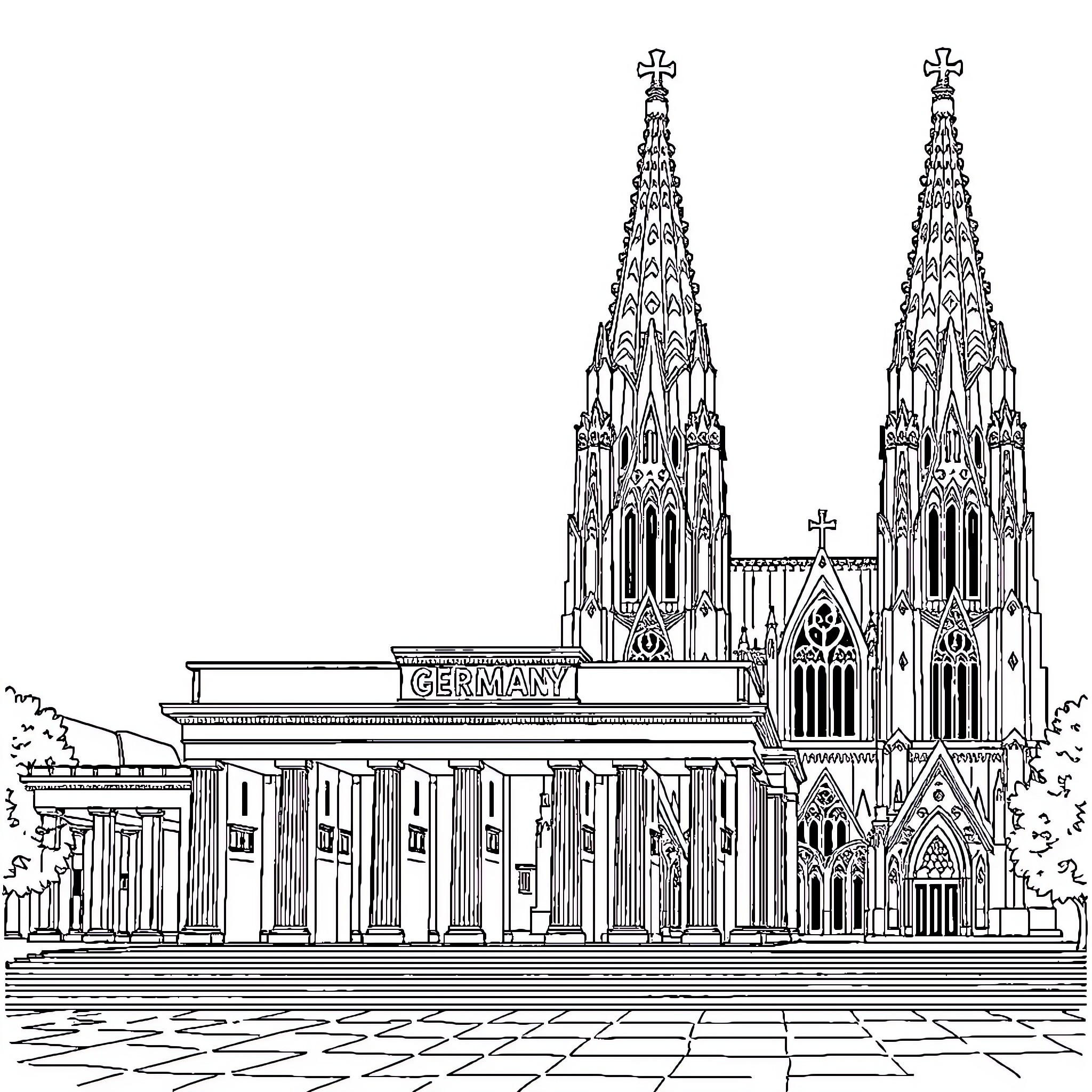 German Landmark with Ornate Gothic Cathedral Spires Coloring Page (free black-and-white line drawing printable PDF for all, from beginners to advanced learners, including children, teens, adults, and seniors)