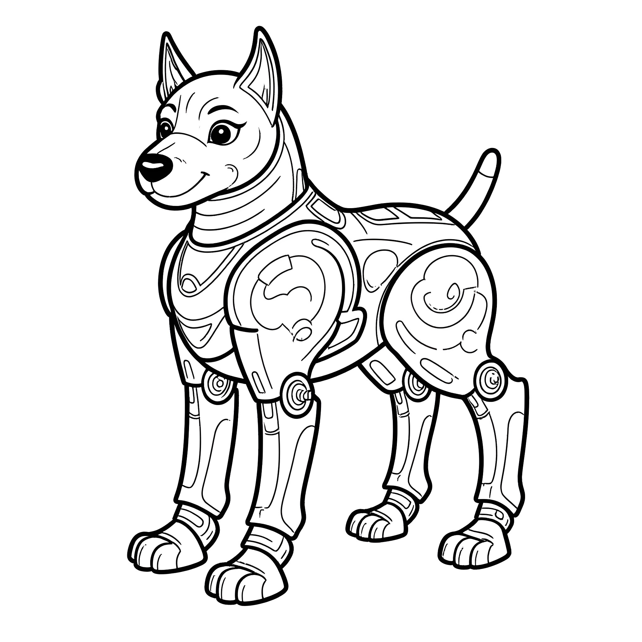 Hound robot with mechanical parts Coloring Page (free black-and-white line drawing printable PDF for all, from beginners to advanced learners, including children, teens, adults, and seniors)