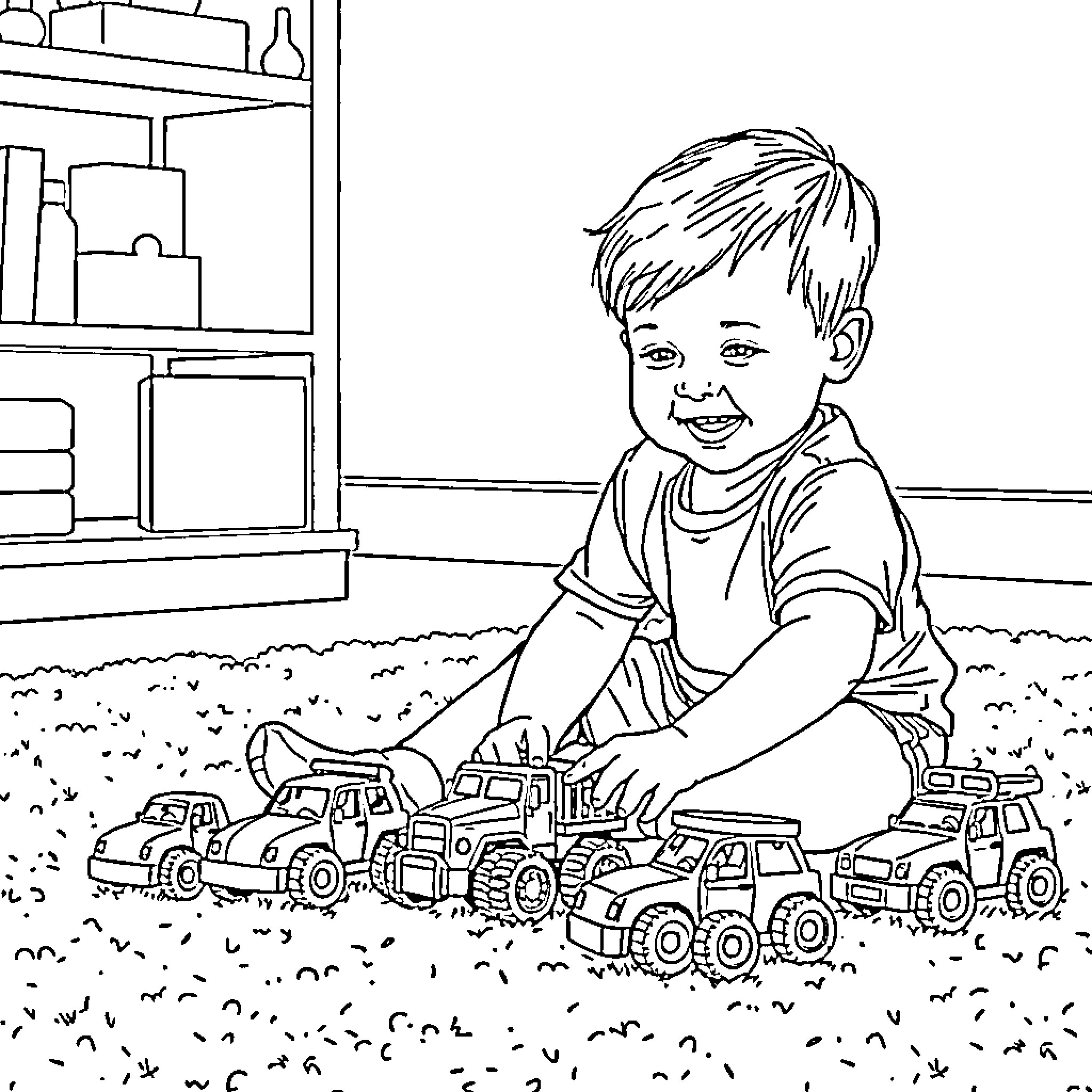 Boy playing joyfully with toy trucks on the ground Coloring Page (free black-and-white line drawing printable PDF for all, from beginners to advanced learners, including children, teens, adults, and seniors)