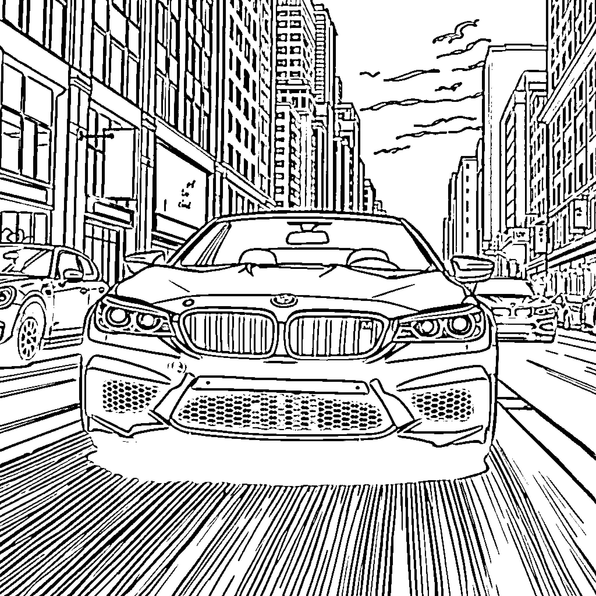 BMW Sports Car Speeding on Cityscape Coloring Page (free black-and-white line drawing printable PDF for all, from beginners to advanced learners, including children, teens, adults, and seniors)