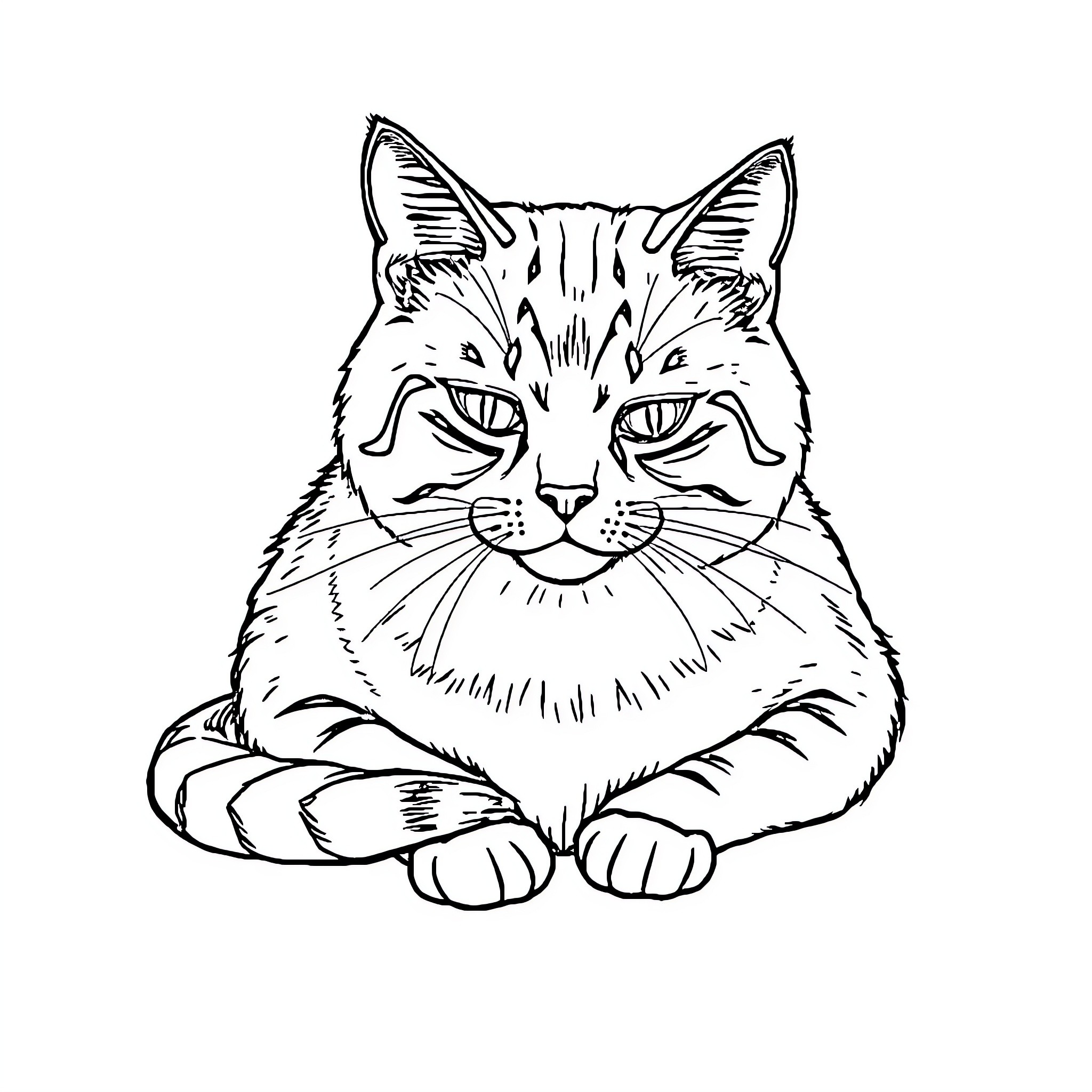 Cat Lounging in Contemplative Pose Coloring Page (free black-and-white line drawing printable PDF for all, from beginners to advanced learners, including children, teens, adults, and seniors)