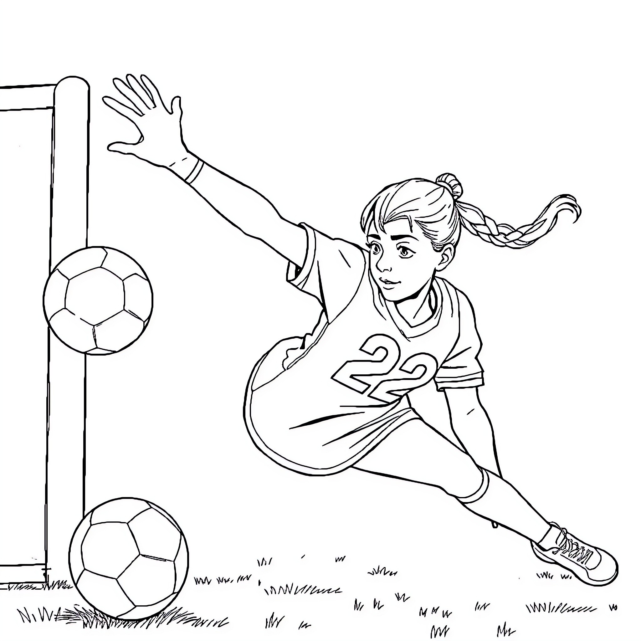 Goalkeeper Diving to Catch the Soccer Ball Coloring Page (free black-and-white line drawing printable PDF for all, from beginners to advanced learners, including children, teens, adults, and seniors)