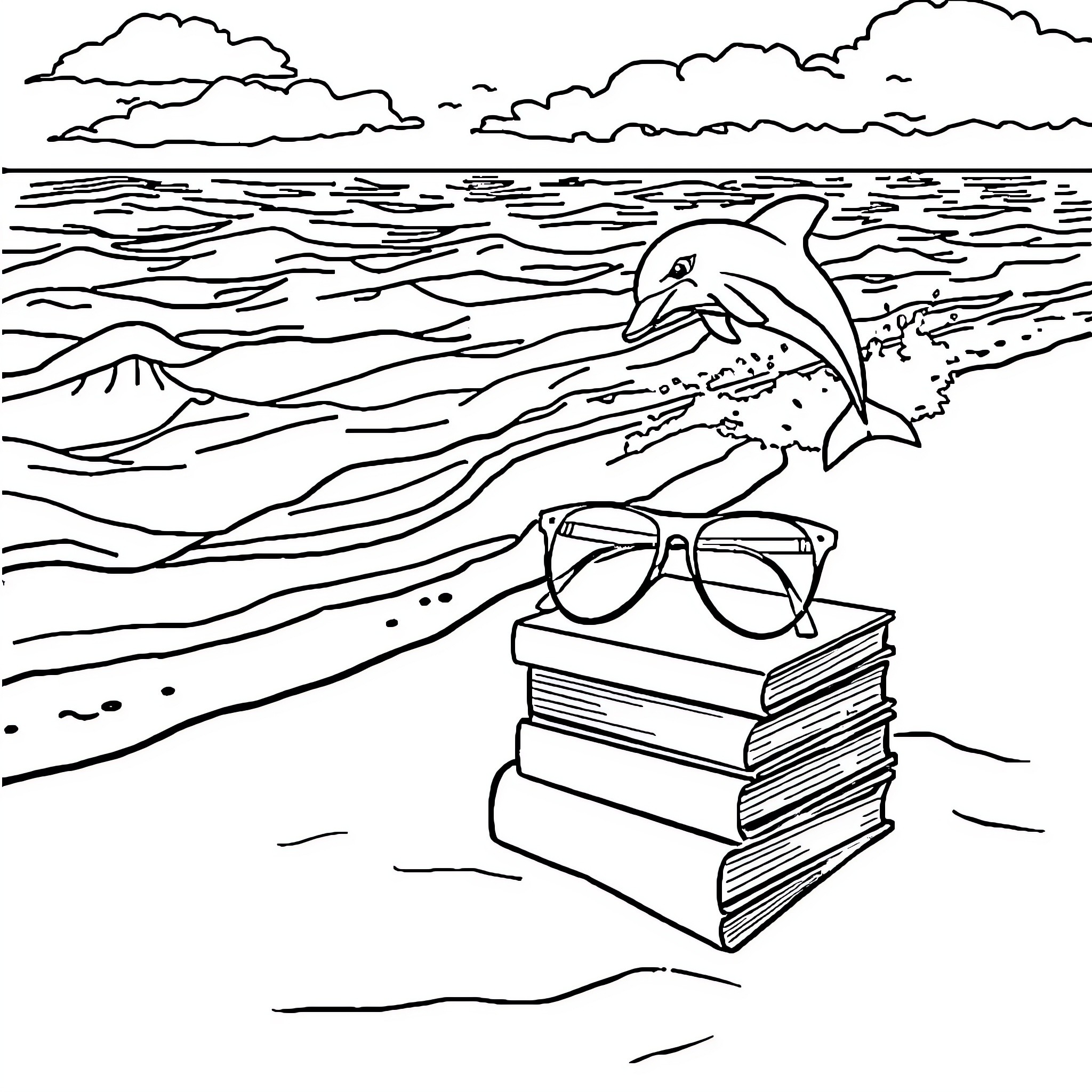 Beach scene with books, glasses, and a dolphin Coloring Page (free black-and-white line drawing printable PDF for all, from beginners to advanced learners, including children, teens, adults, and seniors)