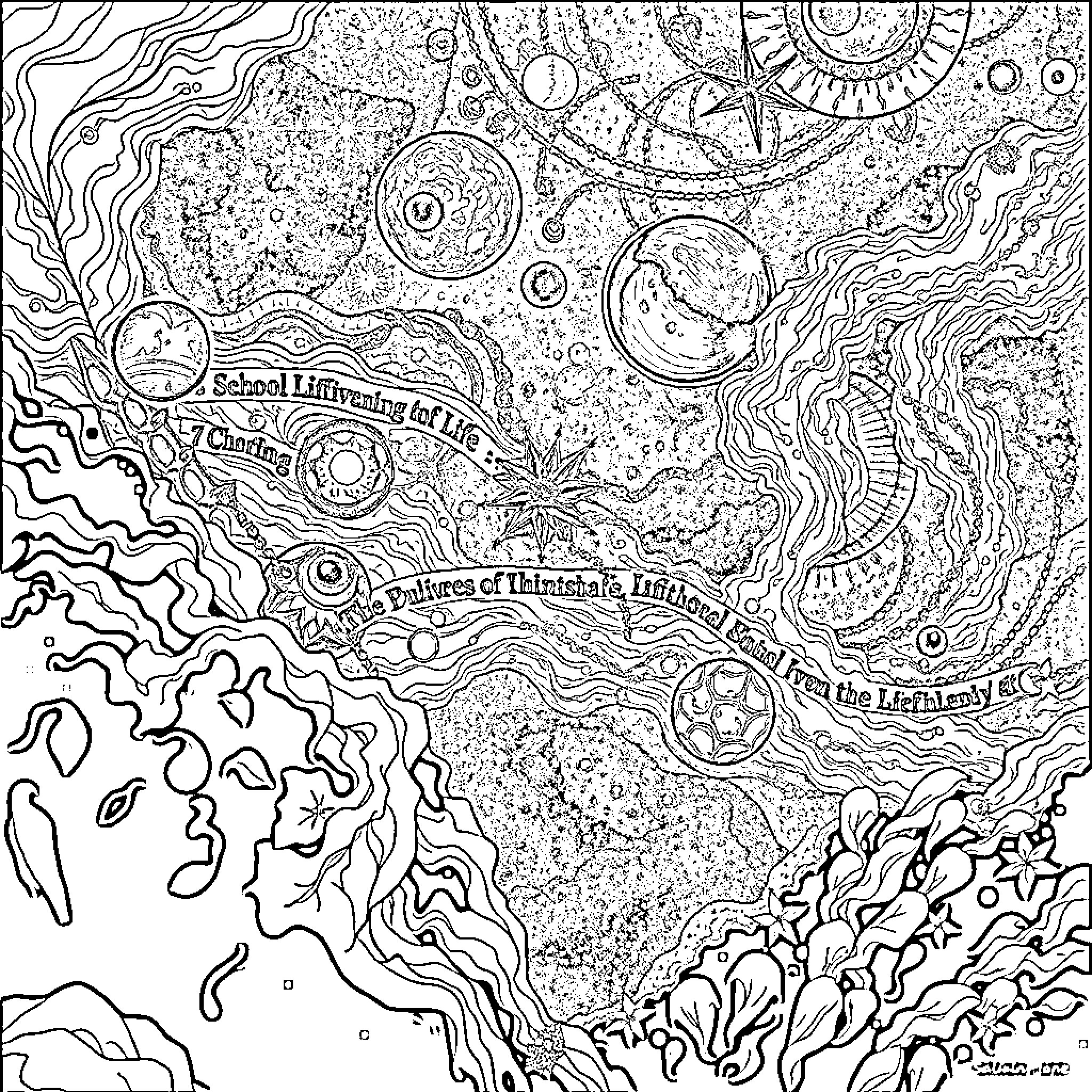 Creation of a Fantastical Universe Coloring Page (free black-and-white line drawing printable PDF for all, from beginners to advanced learners, including children, teens, adults, and seniors)