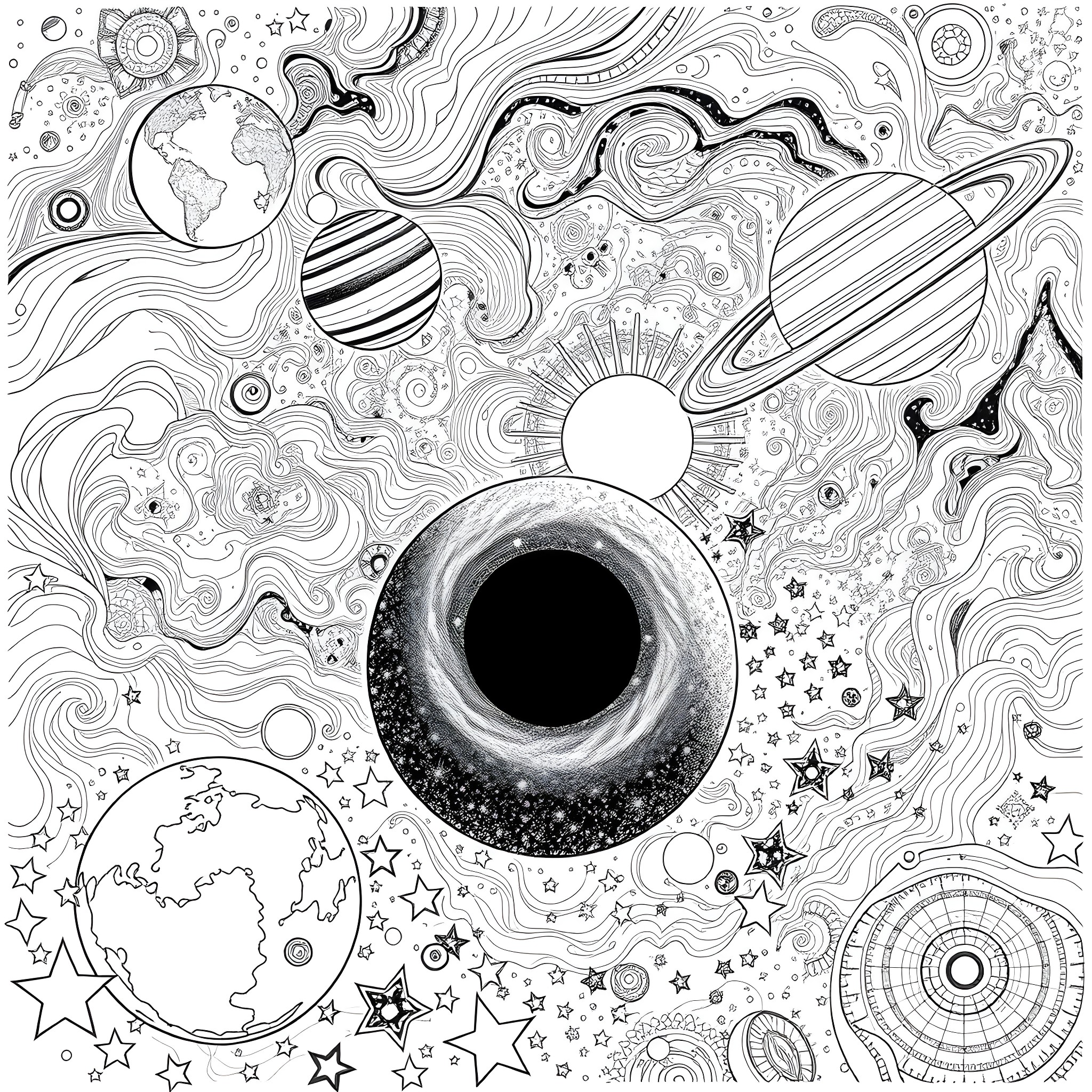 Planet of Cosmic Wonders and Celestial Patterns Coloring Page (free black-and-white line drawing printable PDF for all, from beginners to advanced learners, including children, teens, adults, and seniors)