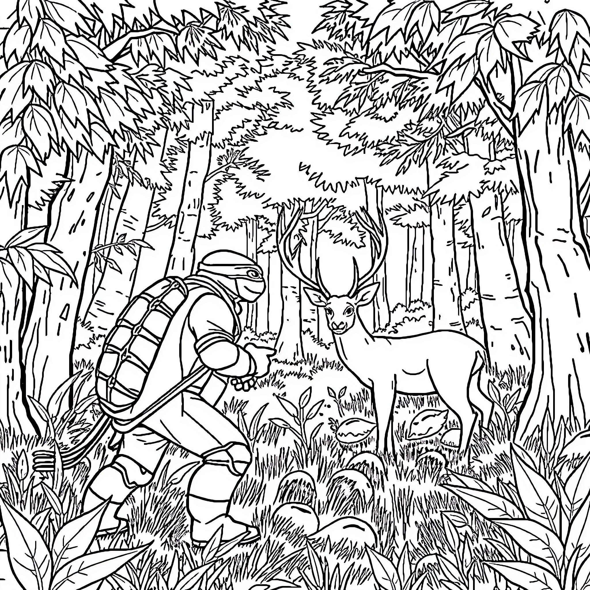 Ninja Turtle exploring mysterious forest with deer Coloring Page (free black-and-white line drawing printable PDF for all, from beginners to advanced learners, including children, teens, adults, and seniors)
