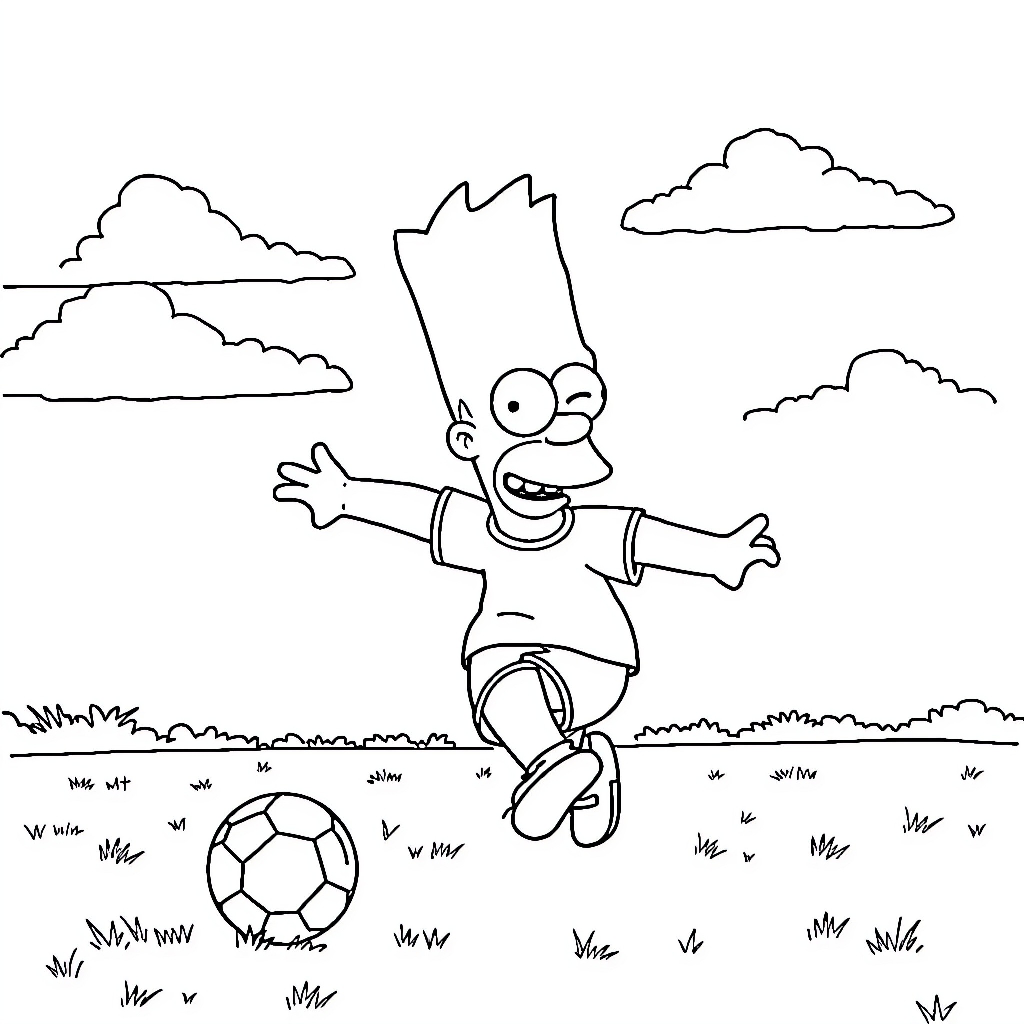 Homer Simpson playing with a soccer ball outdoors Coloring Page (free black-and-white line drawing printable PDF for all, from beginners to advanced learners, including children, teens, adults, and seniors)