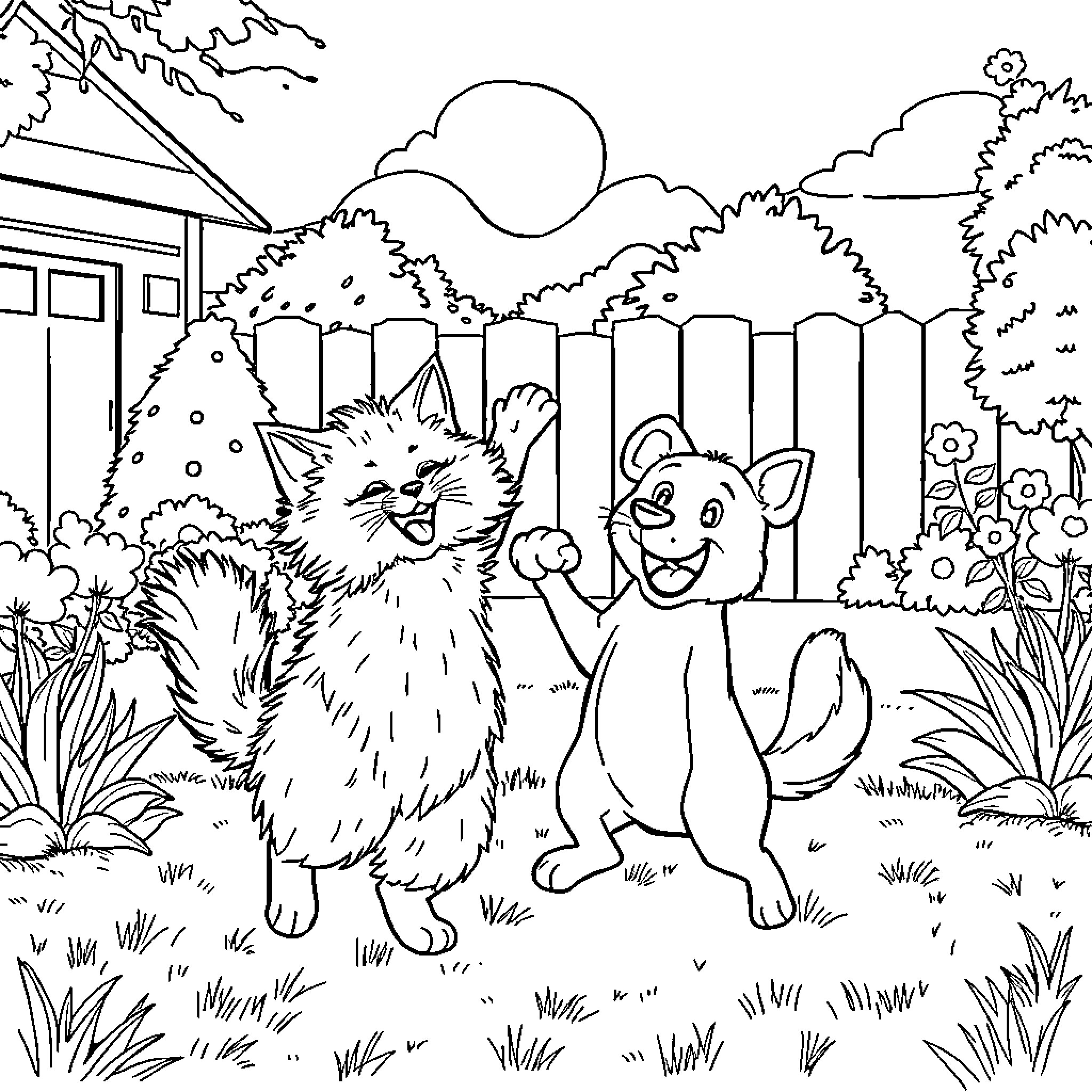 Cat and Dog Playing in the Backyard Coloring Page (free black-and-white line drawing printable PDF for all, from beginners to advanced learners, including children, teens, adults, and seniors)