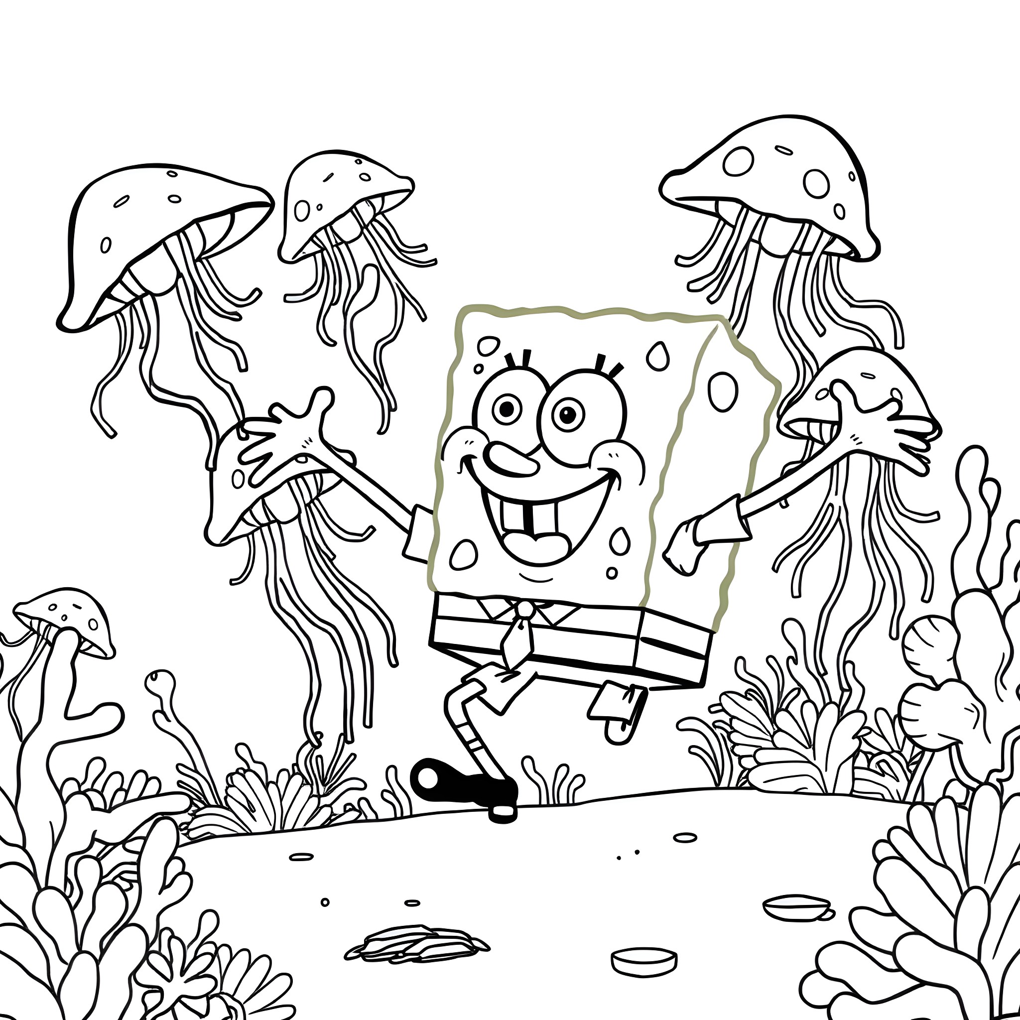 Spongebob and friends in an underwater adventure Coloring Page (free black-and-white line drawing printable PDF for all, from beginners to advanced learners, including children, teens, adults, and seniors)