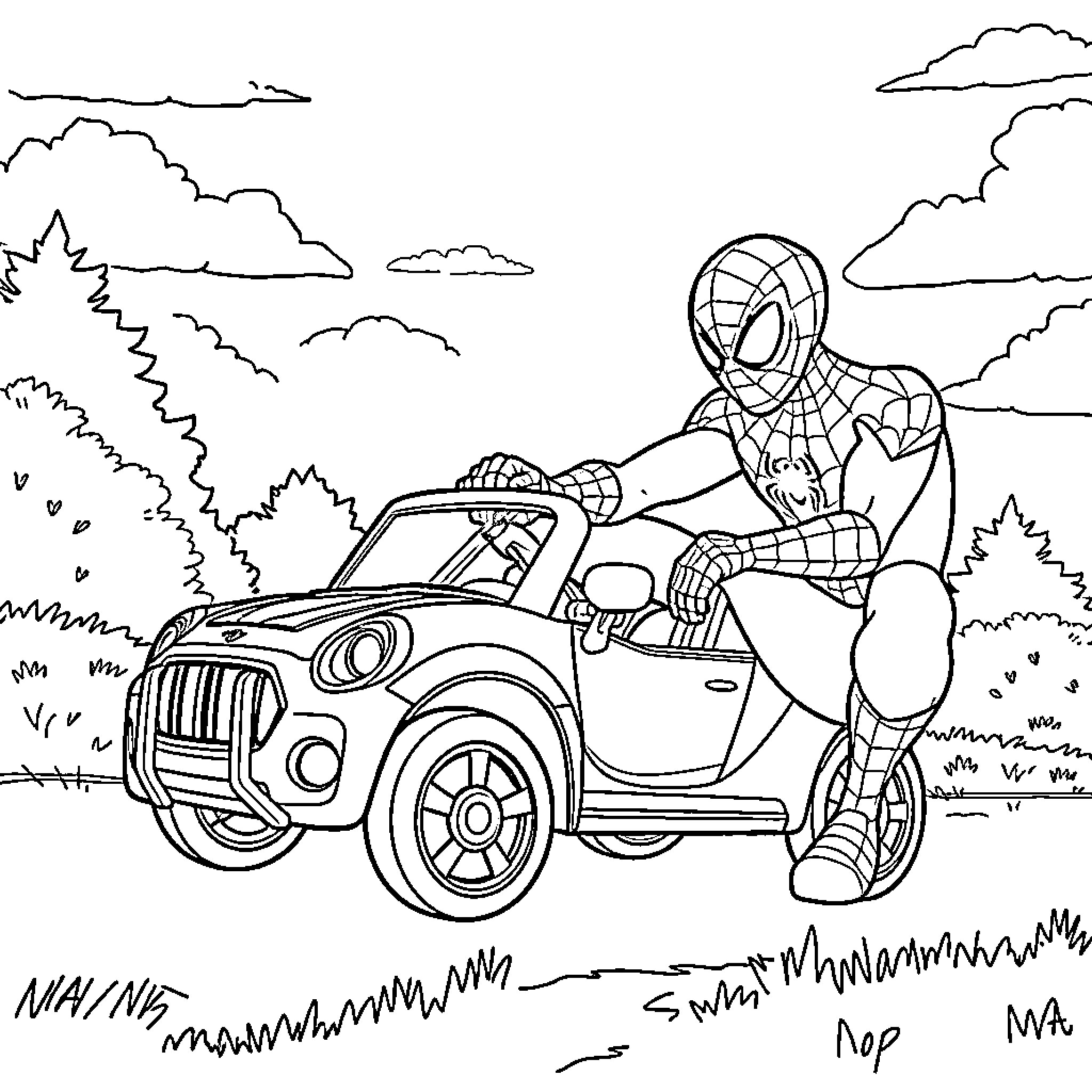 Spiderman driving a car through a wooded landscape Coloring Page (free black-and-white line drawing printable PDF for all, from beginners to advanced learners, including children, teens, adults, and seniors)