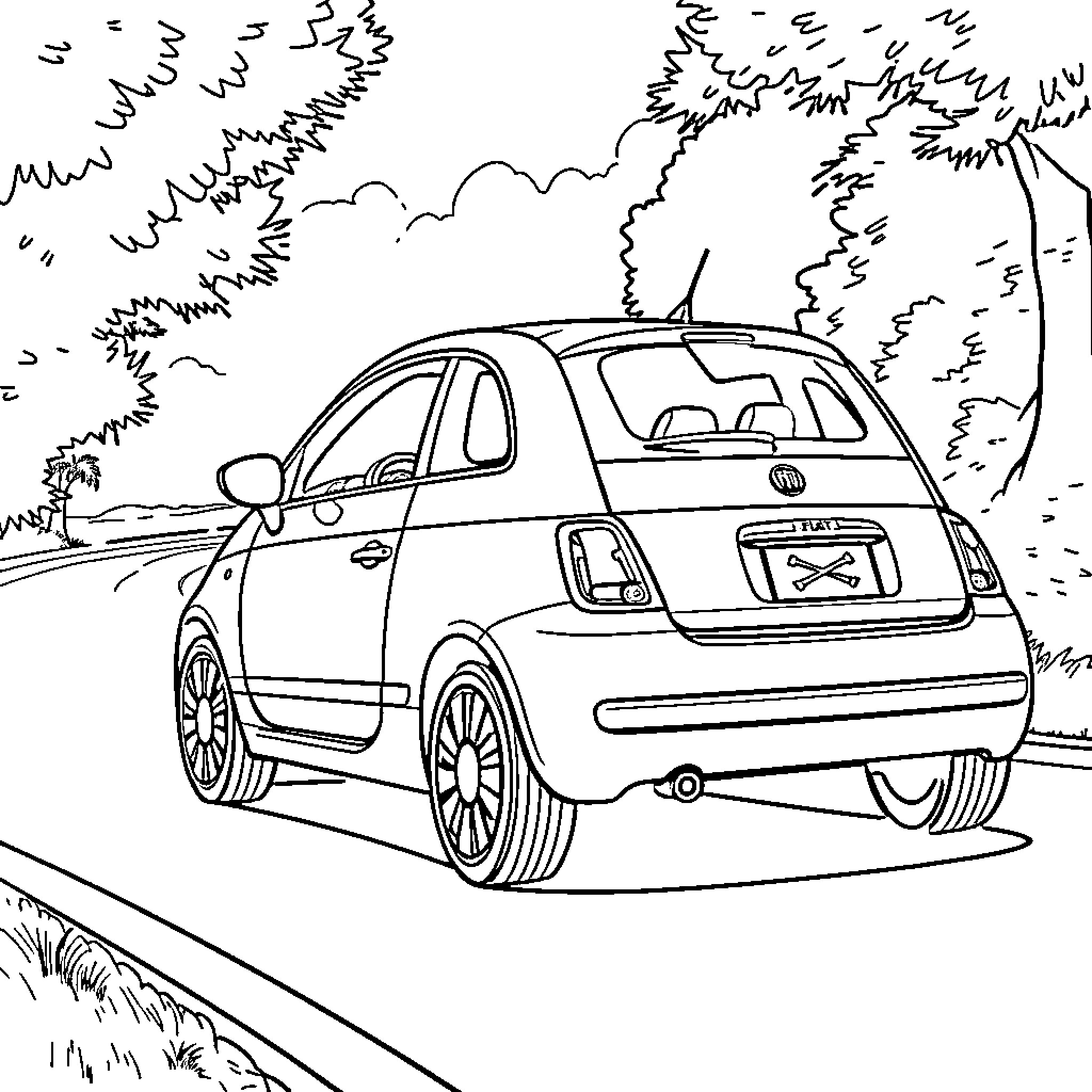 Fiat compact car driving on a scenic road Coloring Page (free black-and-white line drawing printable PDF for all, from beginners to advanced learners, including children, teens, adults, and seniors)