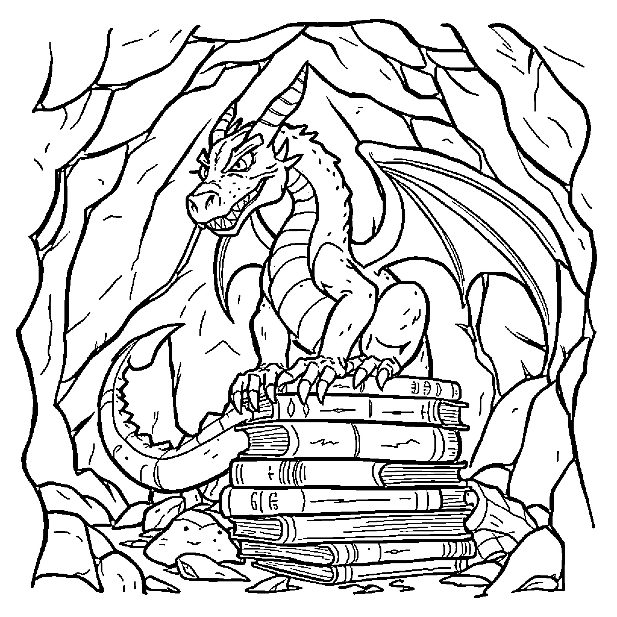 Dragon guardian of ancient books in a mystical cave Coloring Page (free black-and-white line drawing printable PDF for all, from beginners to advanced learners, including children, teens, adults, and seniors)