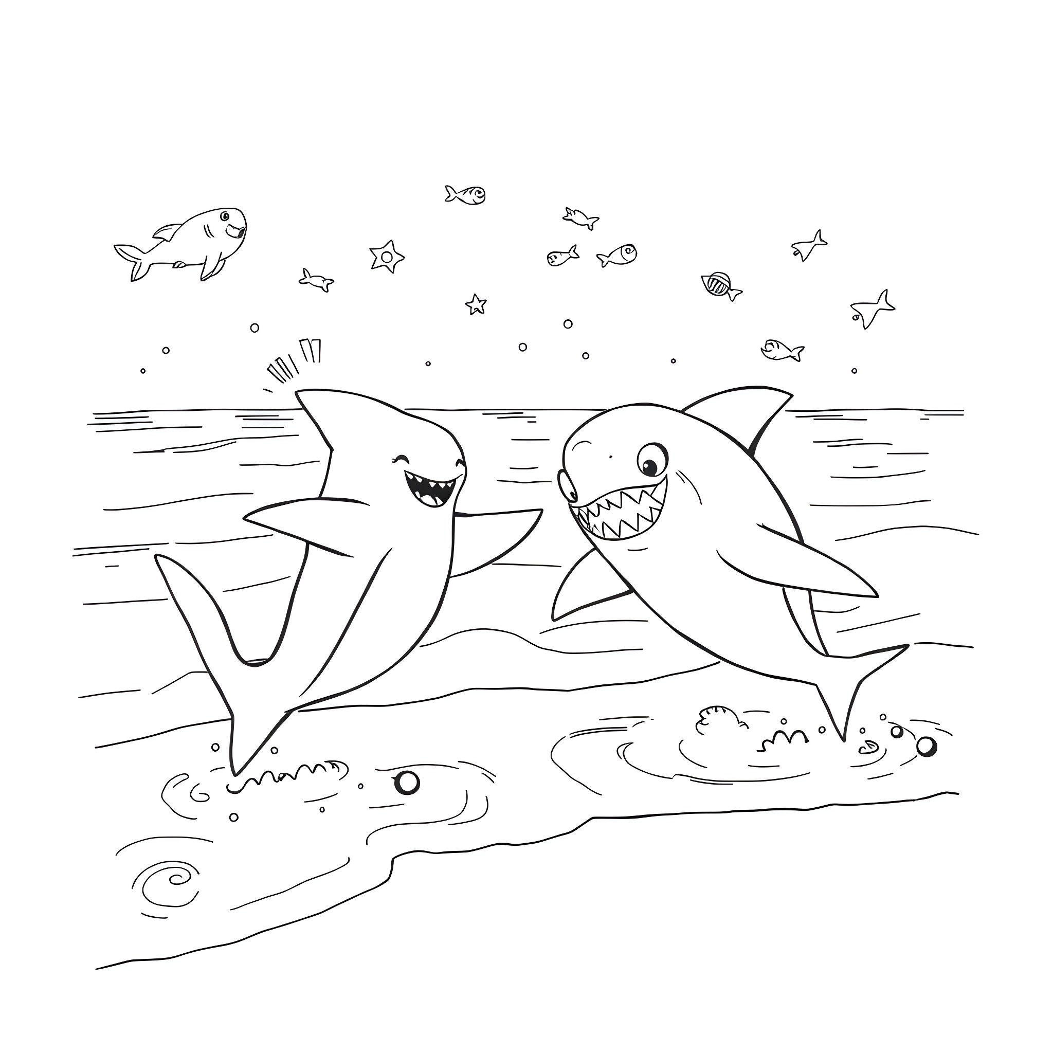 Bluey sharks playing in the ocean Coloring Page (free black-and-white line drawing printable PDF for all, from beginners to advanced learners, including children, teens, adults, and seniors)