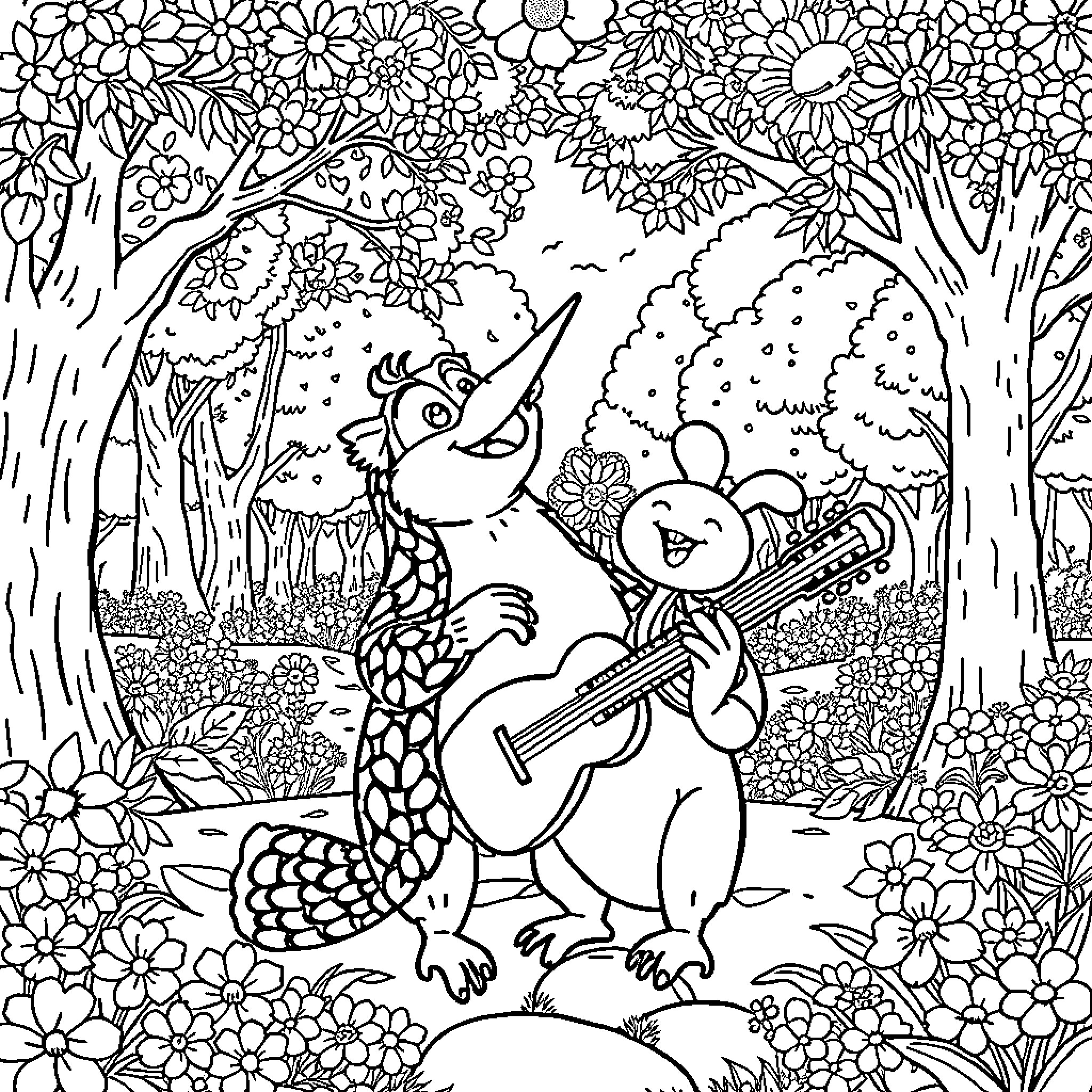 Conde Patula's Musical Celebration in the Enchanted Forest Coloring Page (free black-and-white line drawing printable PDF for all, from beginners to advanced learners, including children, teens, adults, and seniors)