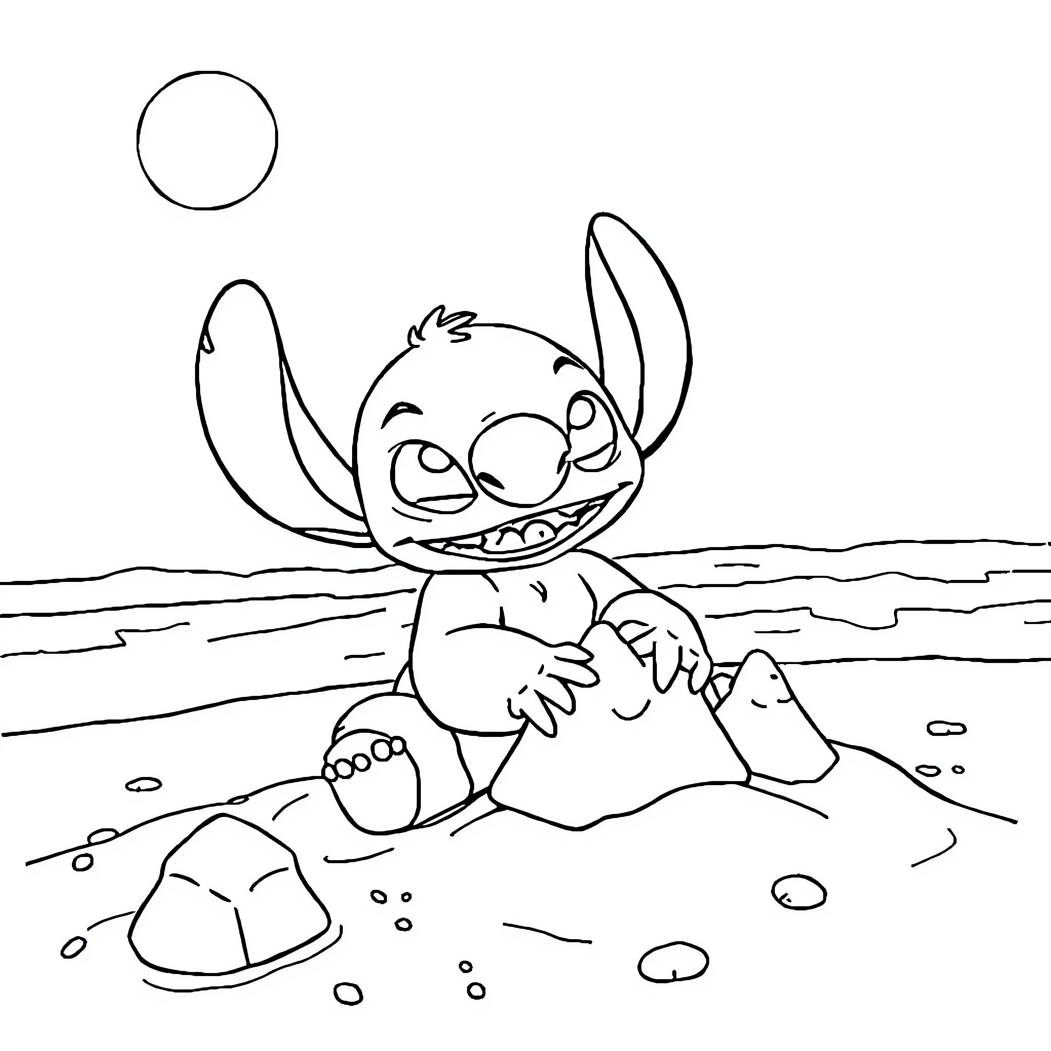 Stitch enjoying a day at the beach Coloring Page (free black-and-white line drawing printable PDF for all, from beginners to advanced learners, including children, teens, adults, and seniors)