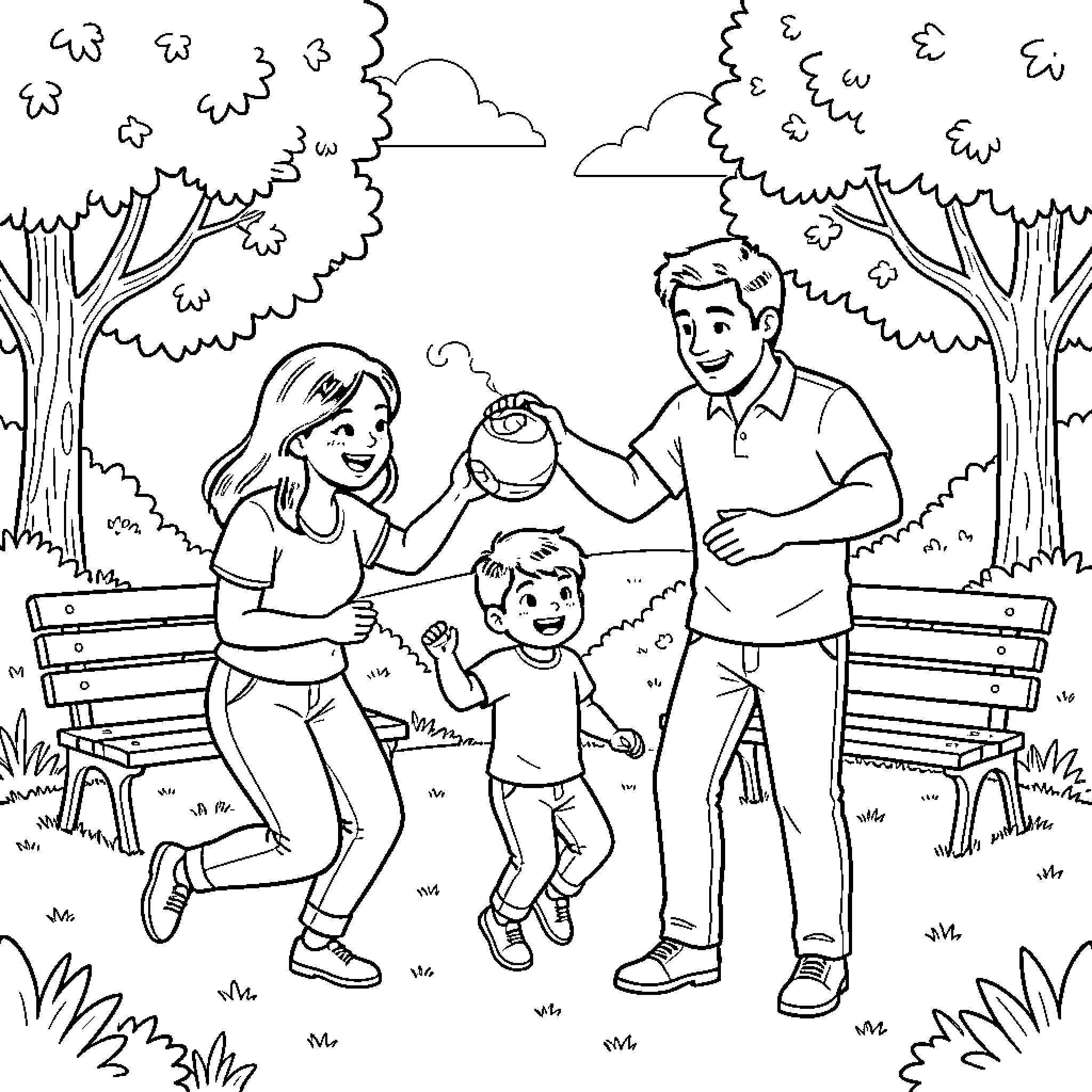 Family enjoying quality time outdoors Coloring Page (free black-and-white line drawing printable PDF for all, from beginners to advanced learners, including children, teens, adults, and seniors)