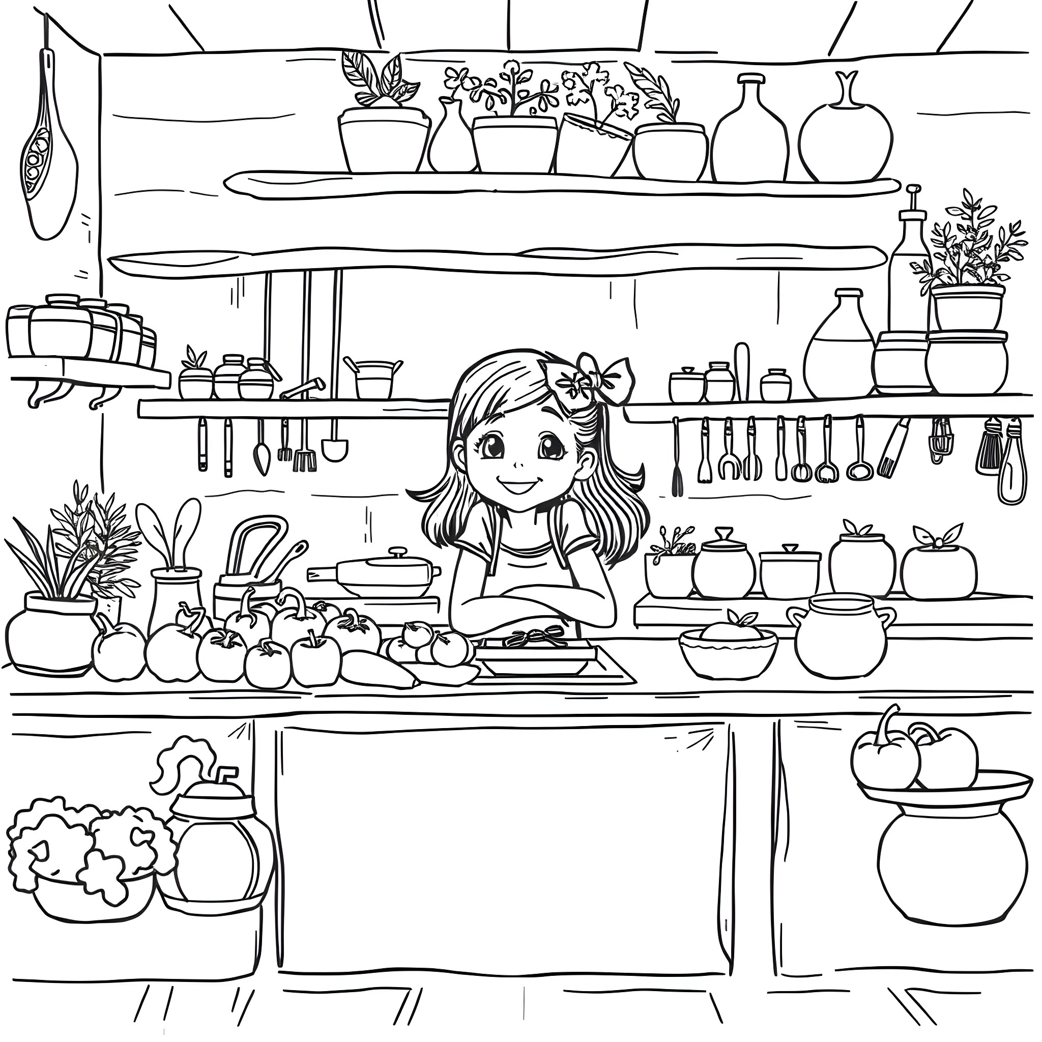 Girl cooking in a cozy kitchen Coloring Page (free black-and-white line drawing printable PDF for all, from beginners to advanced learners, including children, teens, adults, and seniors)